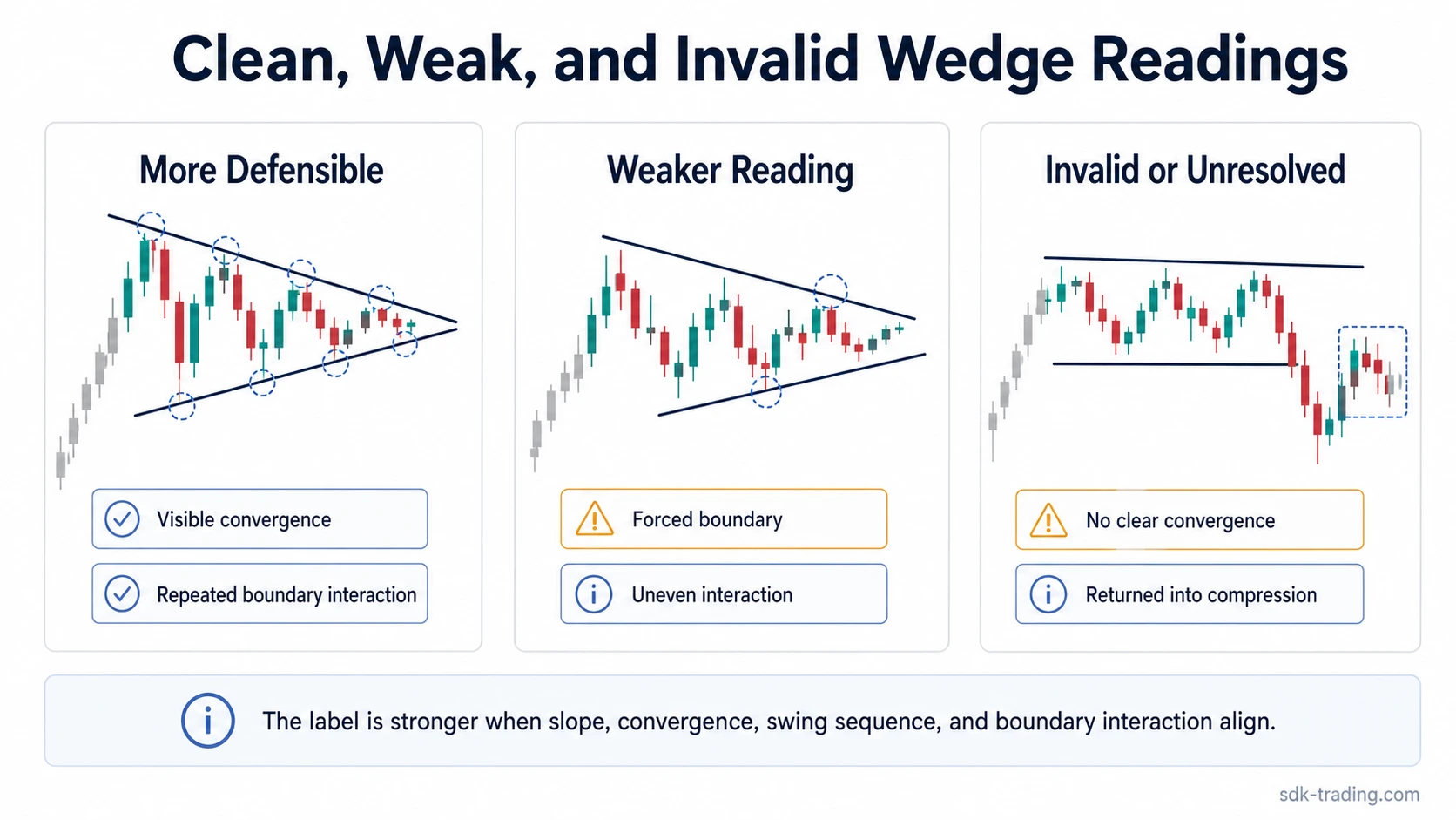 Three-card diagram comparing more defensible, weaker, and invalid wedge structure readings