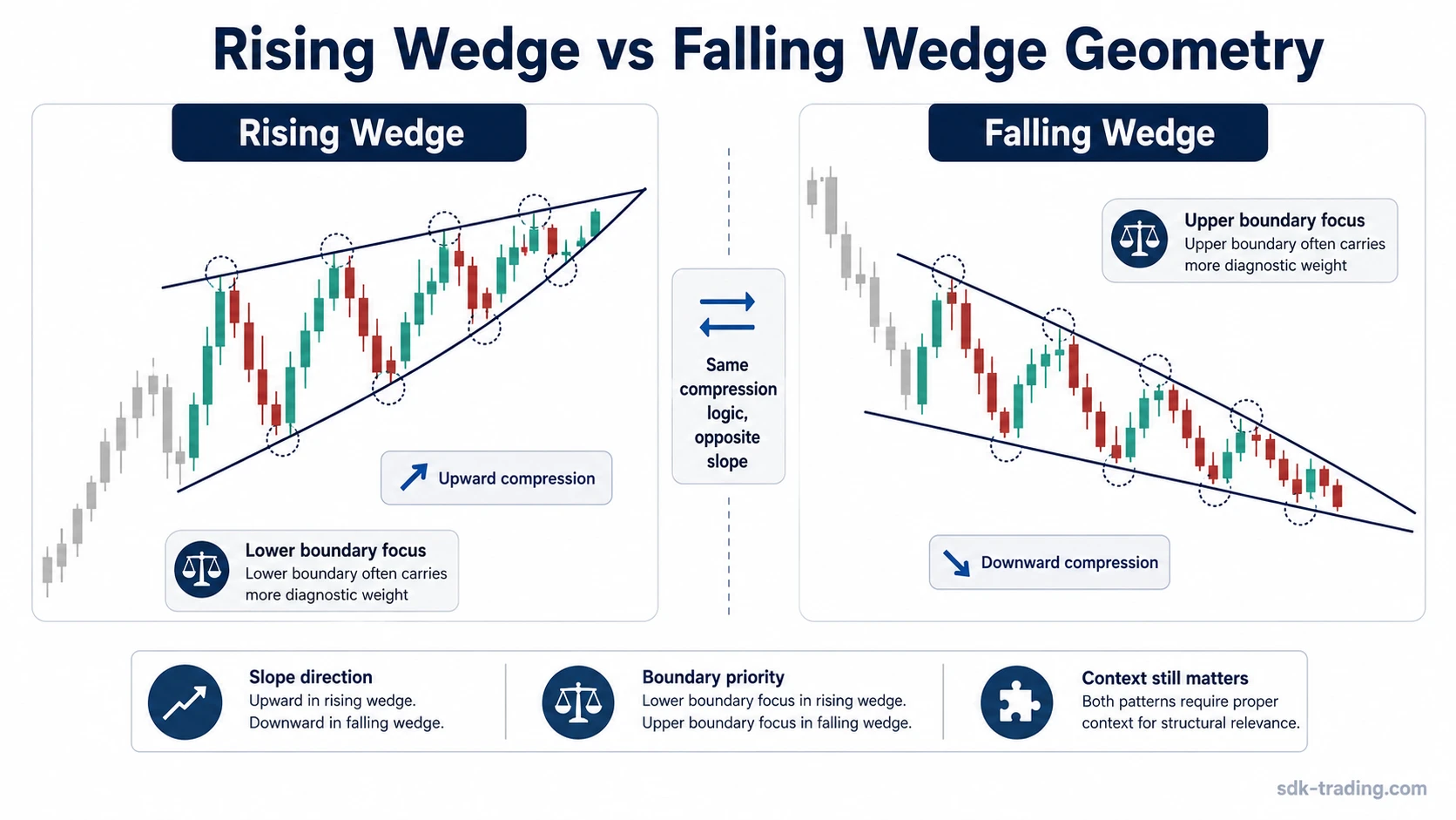 Side-by-side diagram comparing upward rising wedge compression with downward falling wedge compression