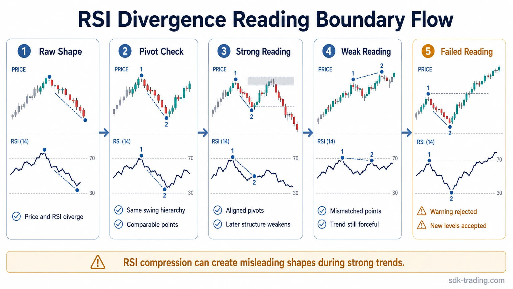 Five-step diagram showing raw RSI divergence, pivot alignment, strong reading, weak reading, and failed reading conditions.
