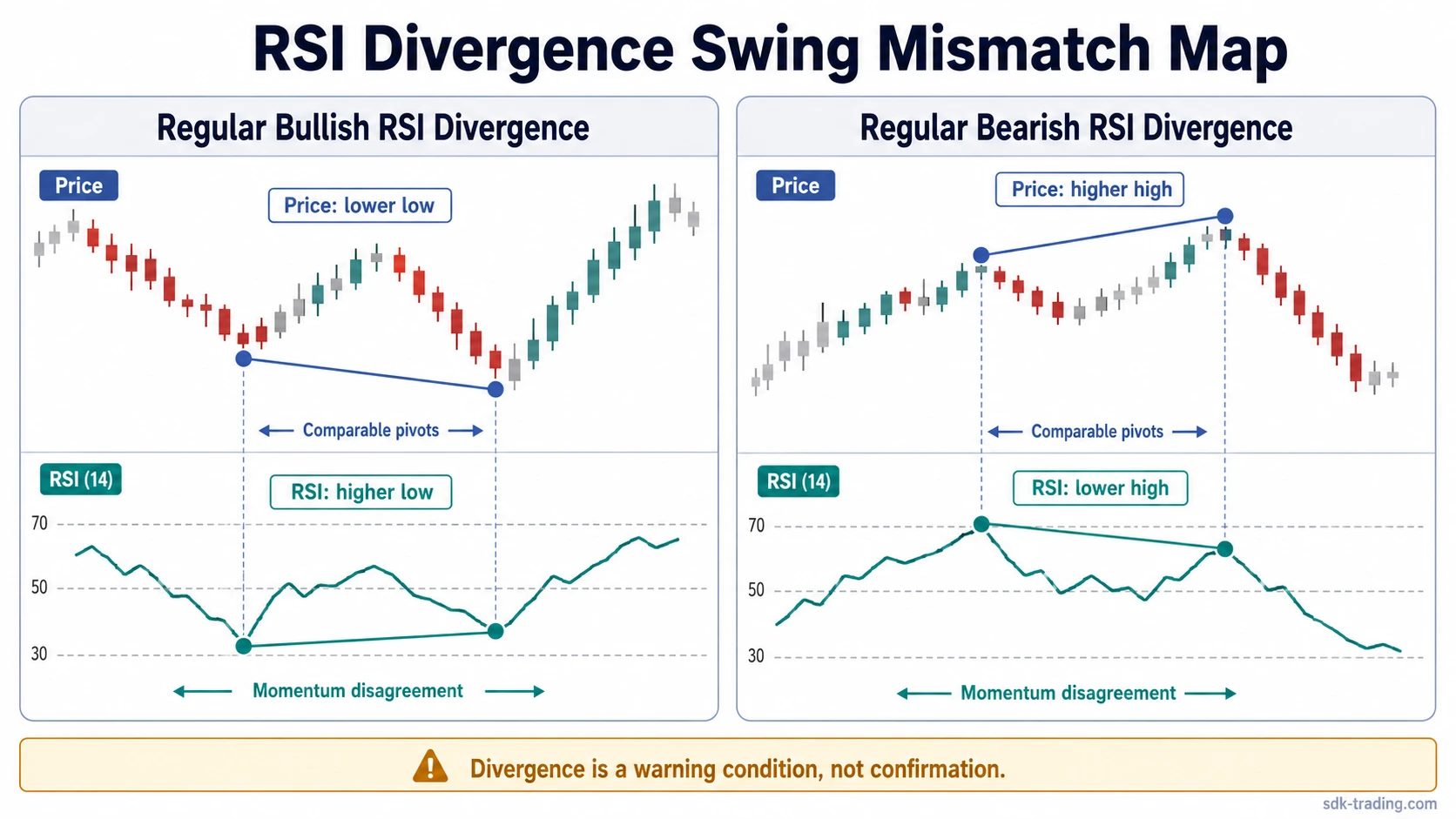 Simplified chart comparing price swing lows and highs with RSI swing points in bullish and bearish RSI divergence.