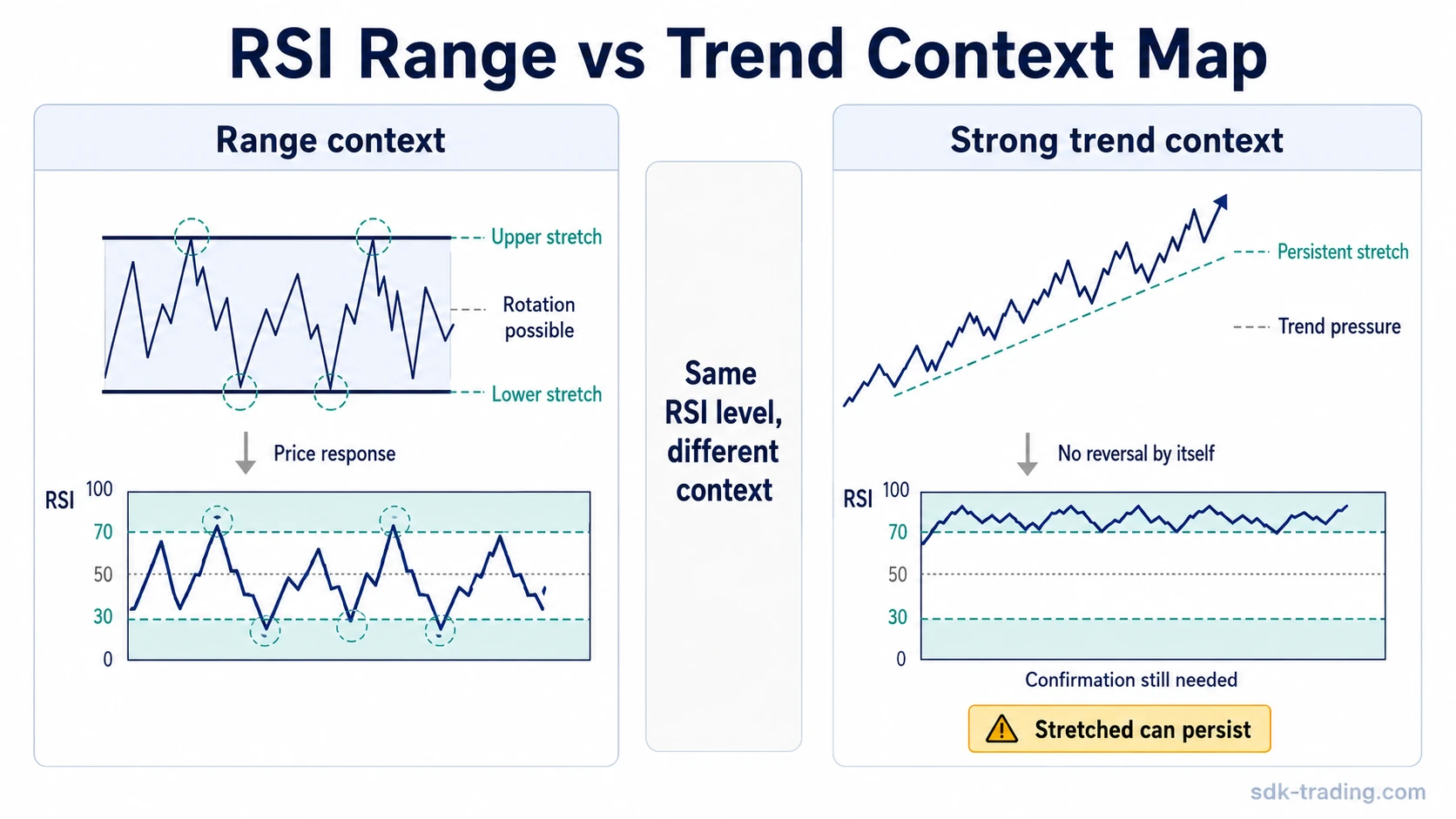 RSI indicator range versus trend context map showing why stretched readings can rotate or persist
