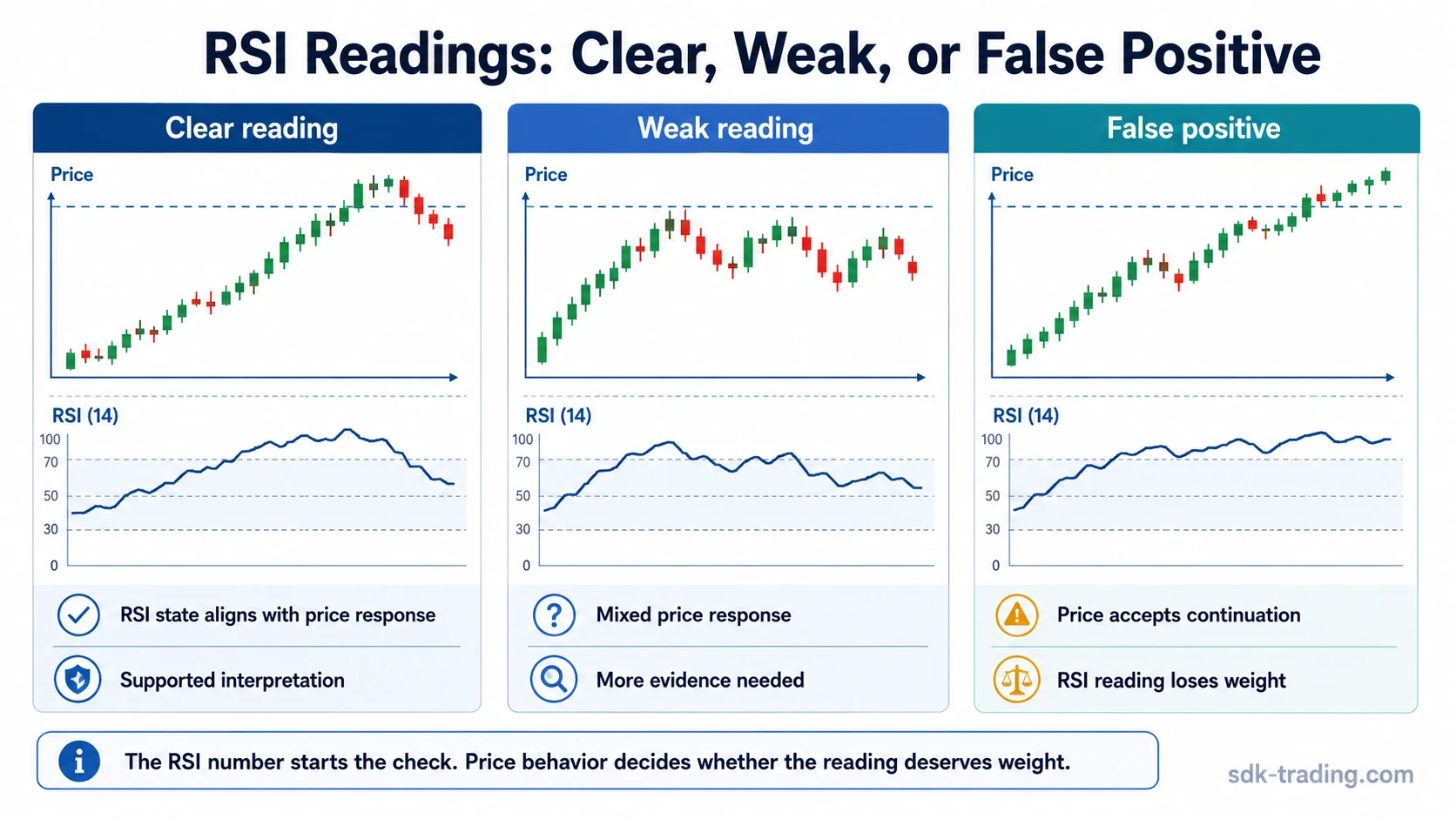 RSI strategy infographic comparing clear, weak, and false-positive RSI readings with price behavior and oscillator context