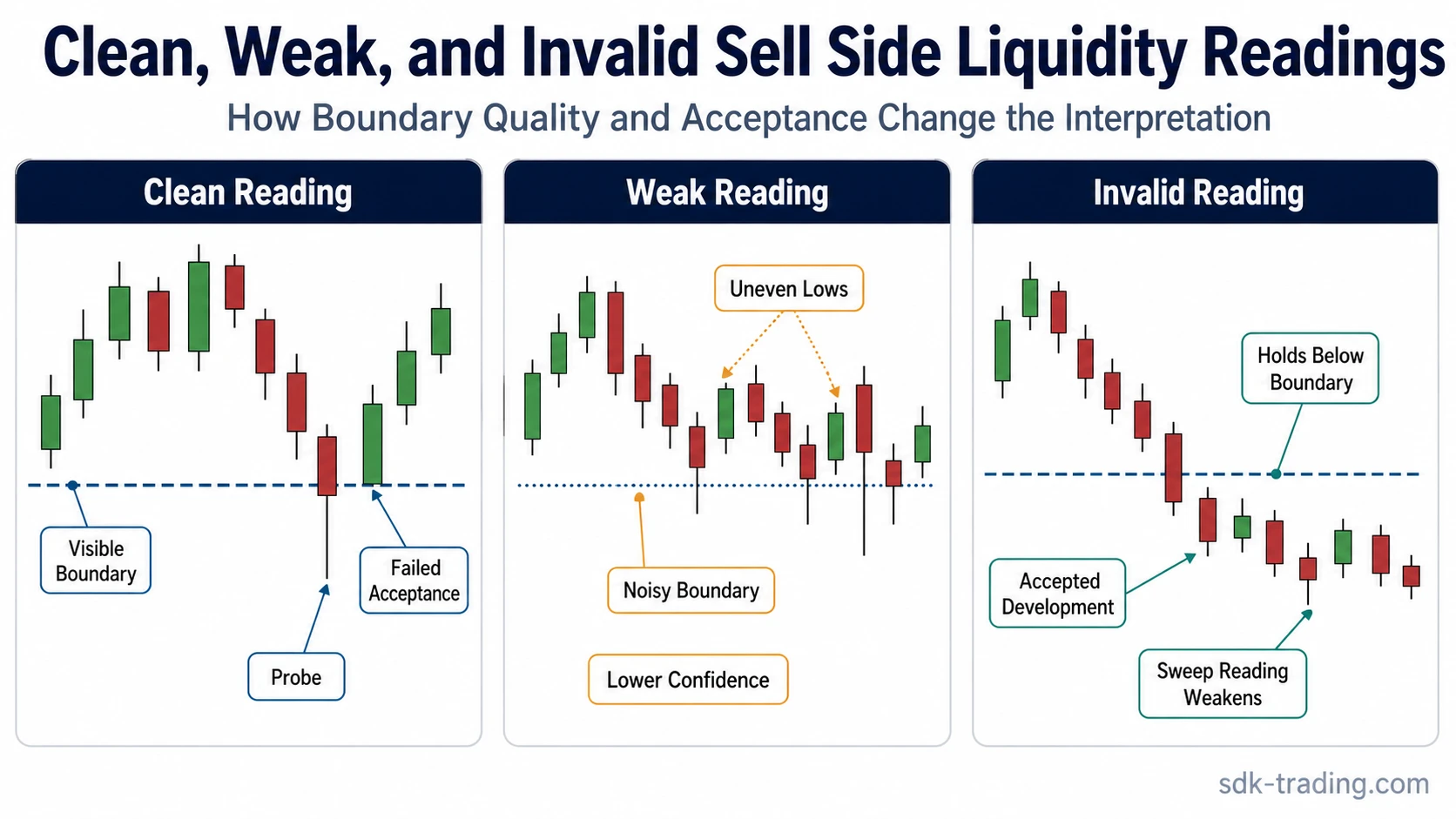 Three-panel diagram comparing clean, weak, and invalid sell side liquidity readings