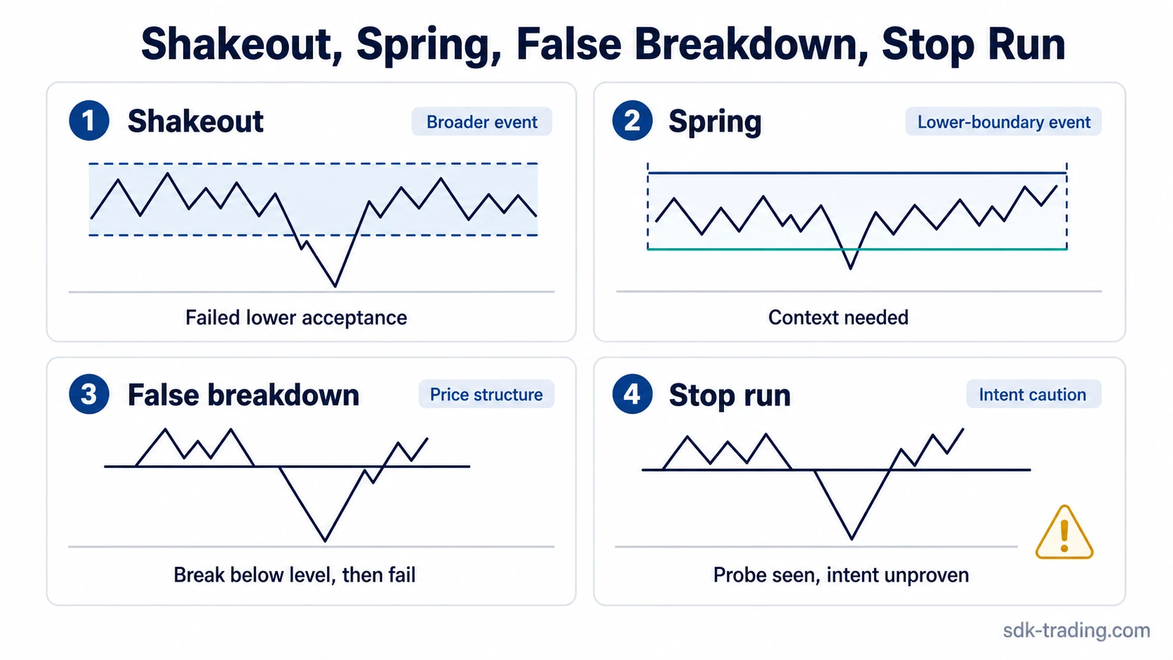 Comparison of shakeout, spring, false breakdown, and stop run concepts in trading
