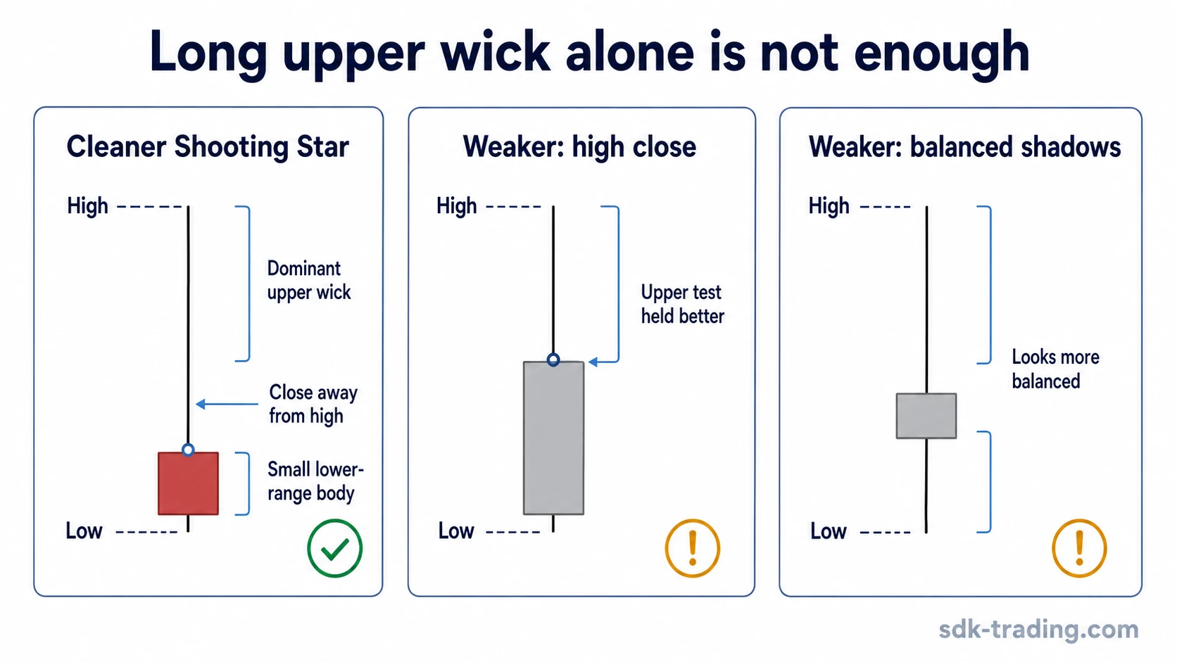Valid Shooting Star compared with weaker long upper wick candles that have a large body, high close, or balanced shadows