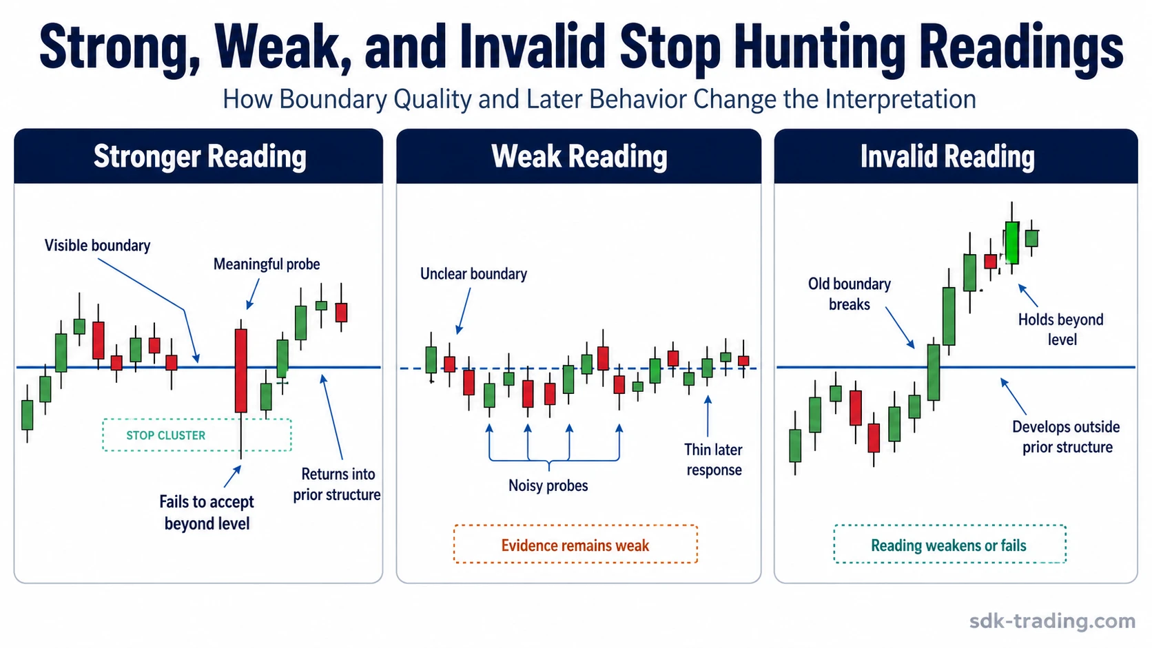 Three-panel stop hunting comparison showing stronger, weak, and invalid readings based on boundary quality and later behavior.