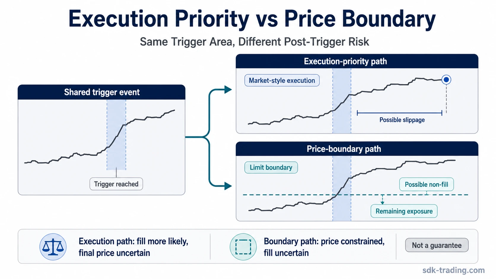Diagram comparing execution-priority behavior with price-boundary behavior after the same trigger area is reached.
