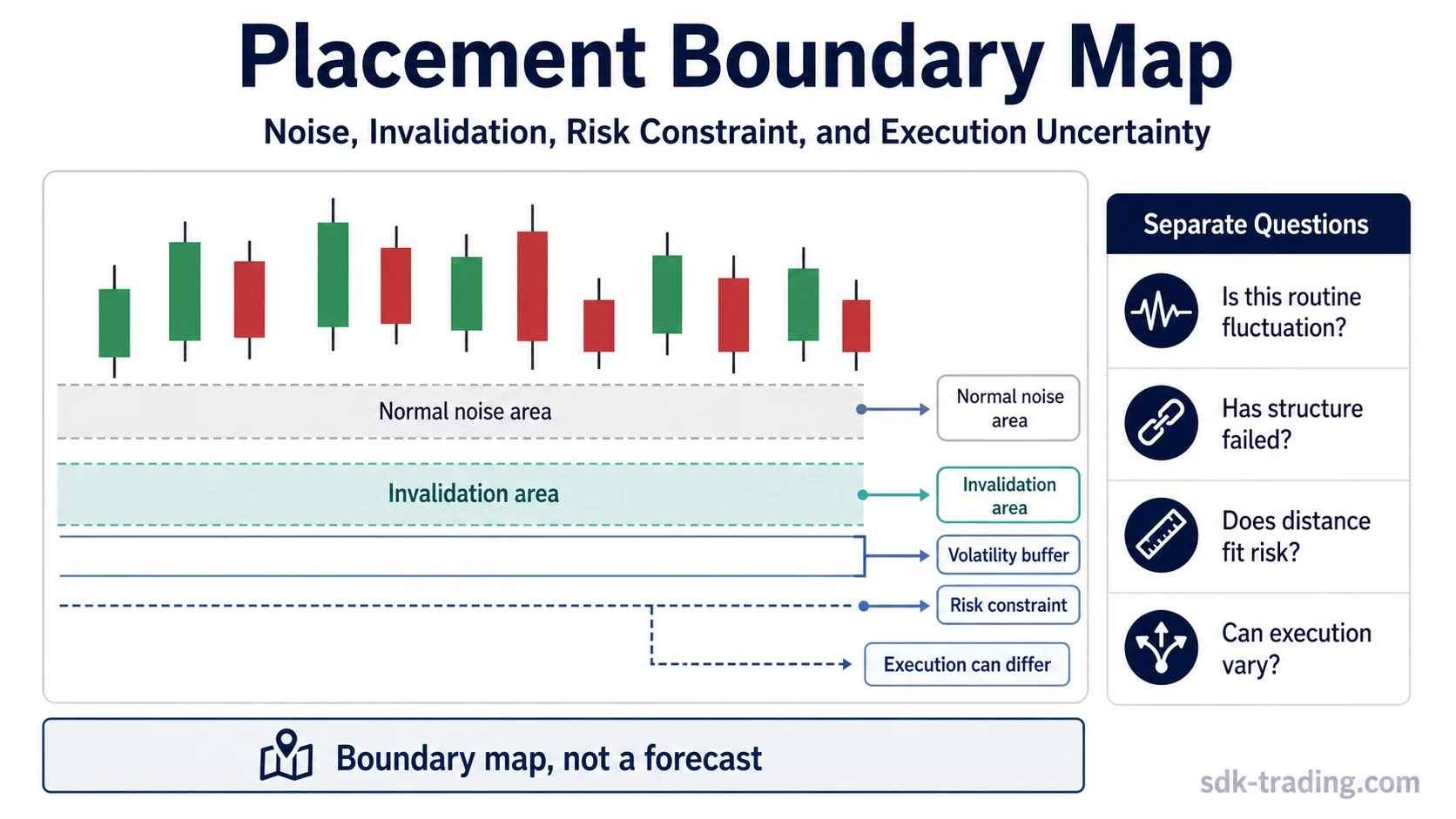 Stop loss placement boundary diagram showing normal noise, invalidation area, volatility buffer, account-risk constraint, and execution uncertainty.