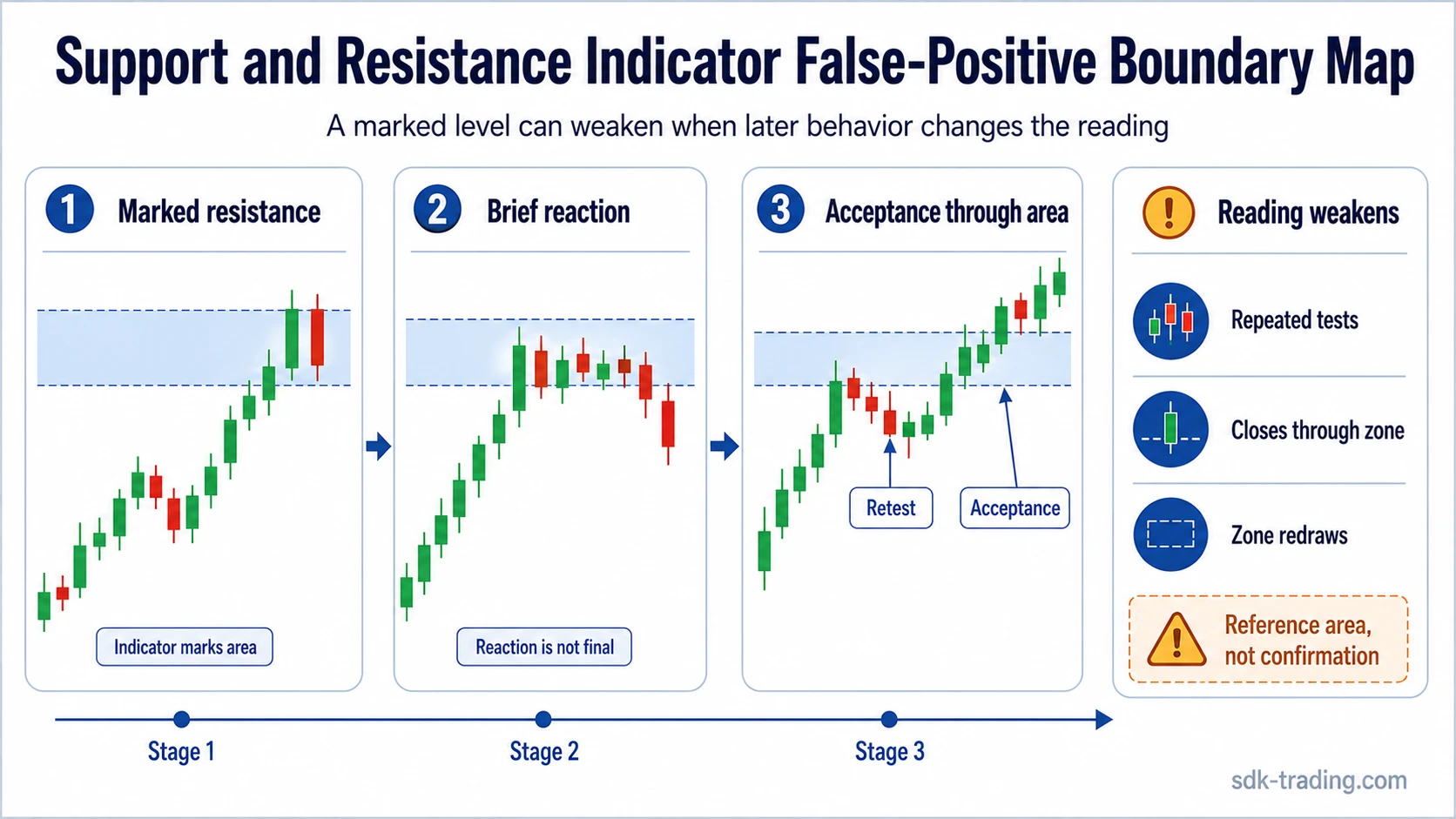 Candlestick sequence showing a marked resistance area weakening after retest and acceptance through the zone