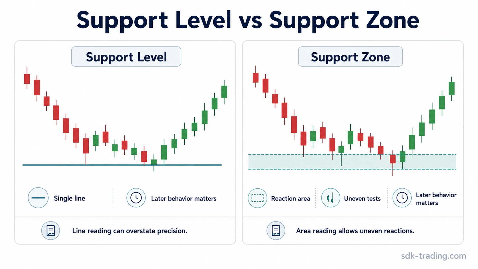 Support level and support zone comparison showing a lower reaction area in trading