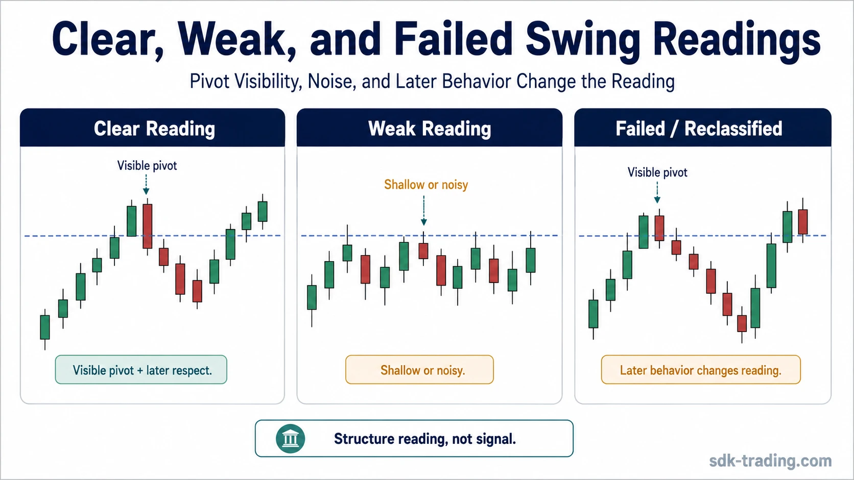 Clear, weak, and failed swing high and swing low readings shown in three simplified chart panels