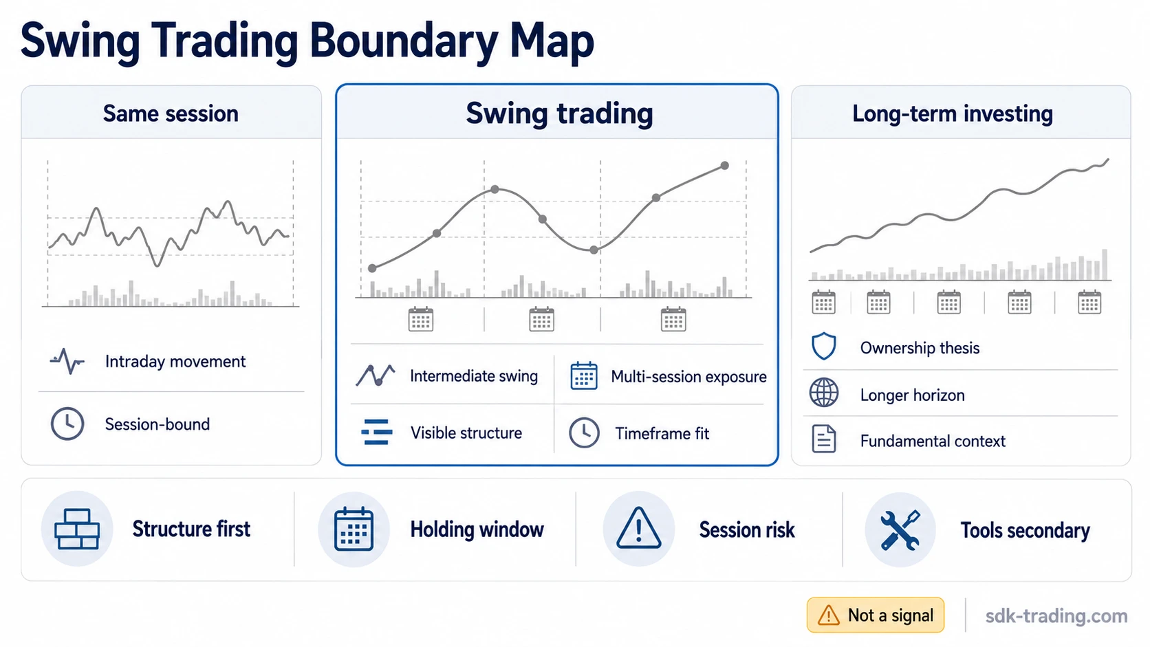 Swing trading boundary map showing same-session trading, multi-session swing structure, and long-term investing as separate holding-period contexts.