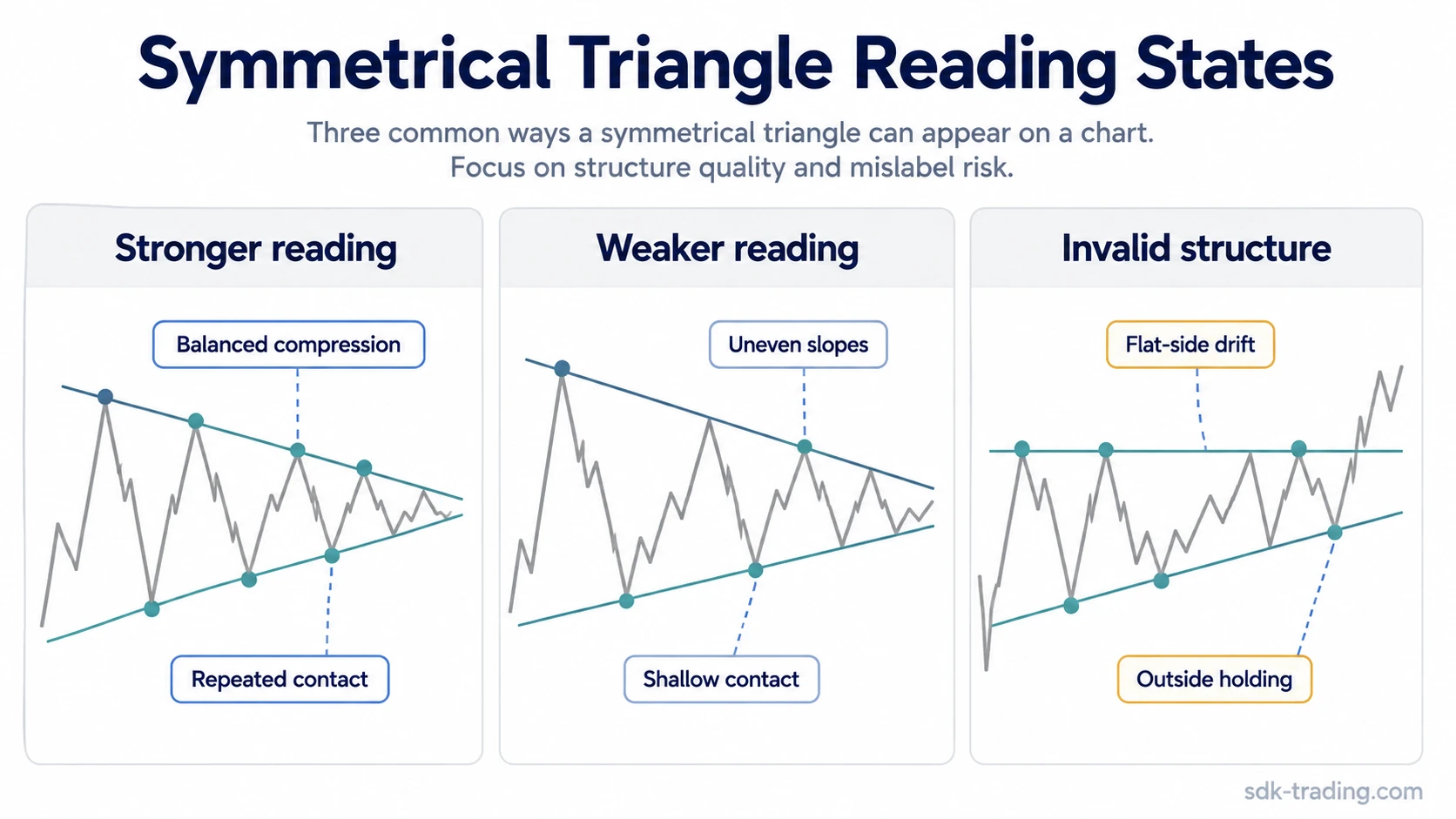 Three simplified symmetrical triangle examples comparing stronger reading, weaker reading, and invalid structure