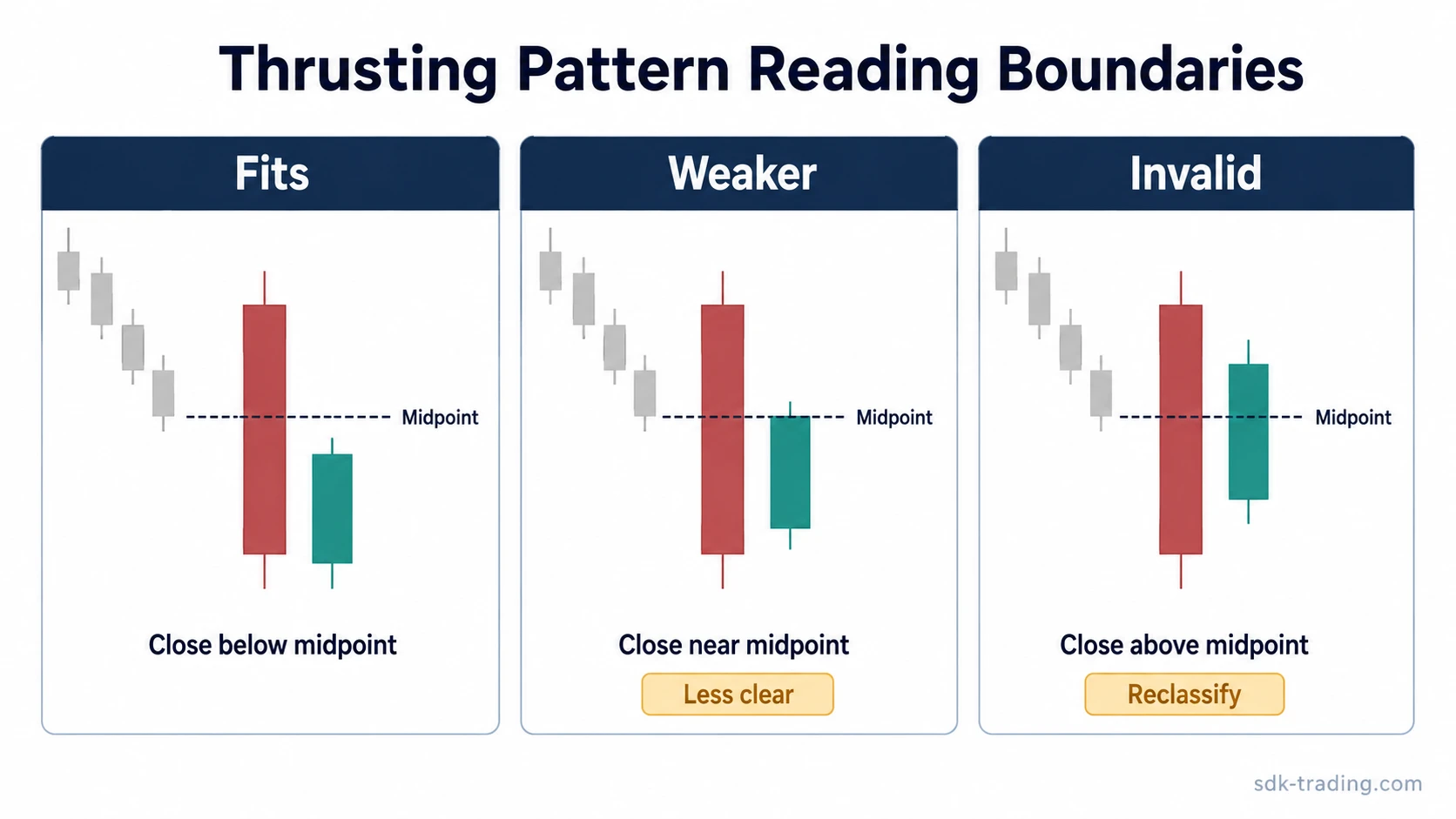 Three thrusting pattern examples comparing close below midpoint, close near midpoint, and close above midpoint
