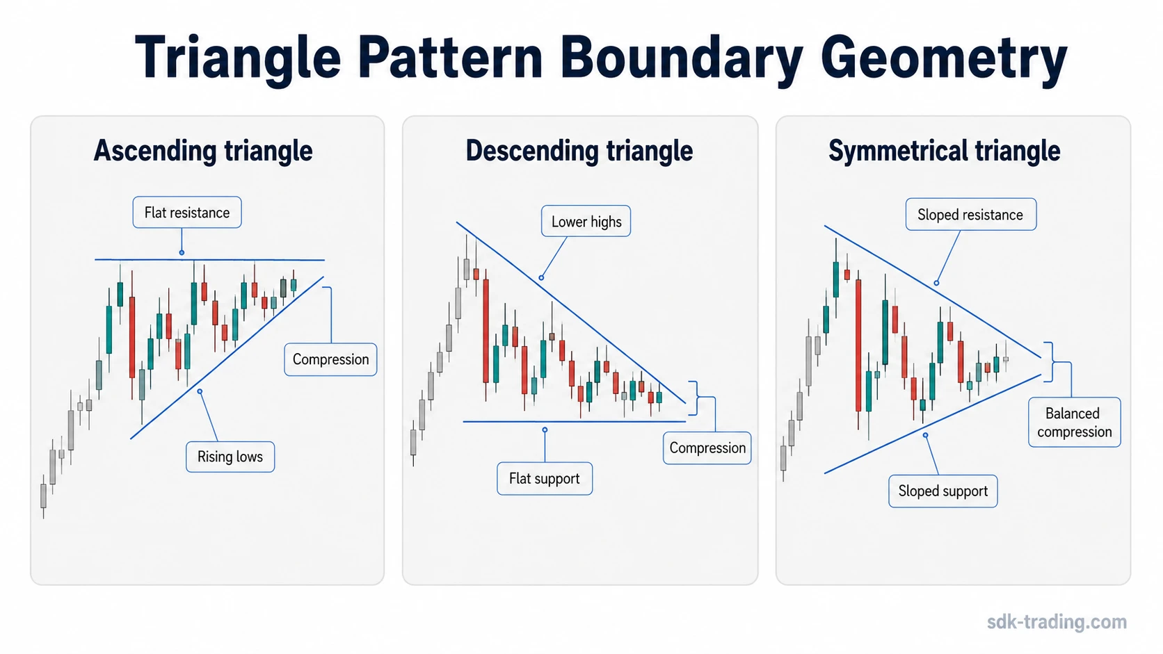 Three chart panels compare ascending, descending, and symmetrical triangle boundary geometry.