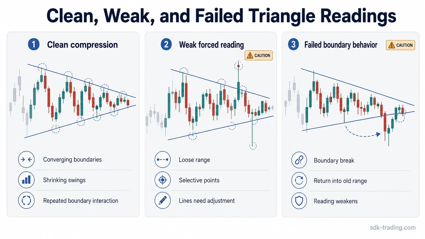 Three chart panels compare clean triangle compression, weak forced compression, and failed boundary behavior.