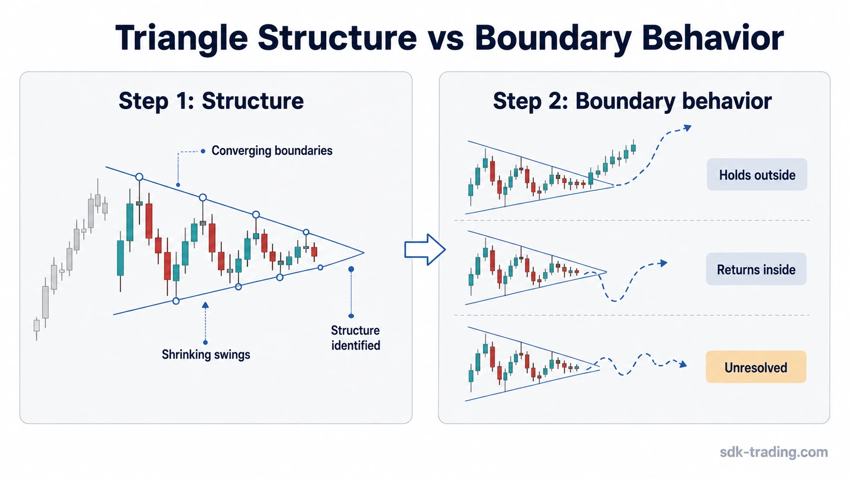 Two chart panels separate triangle structure identification from later boundary behavior.