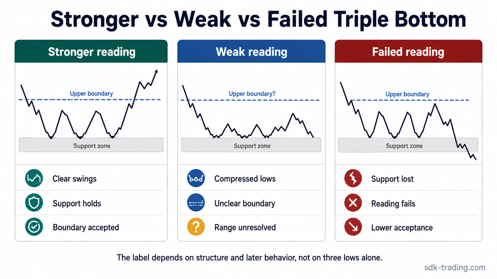 Three-panel triple bottom comparison showing stronger, weak, and failed readings based on support tests and boundary behavior