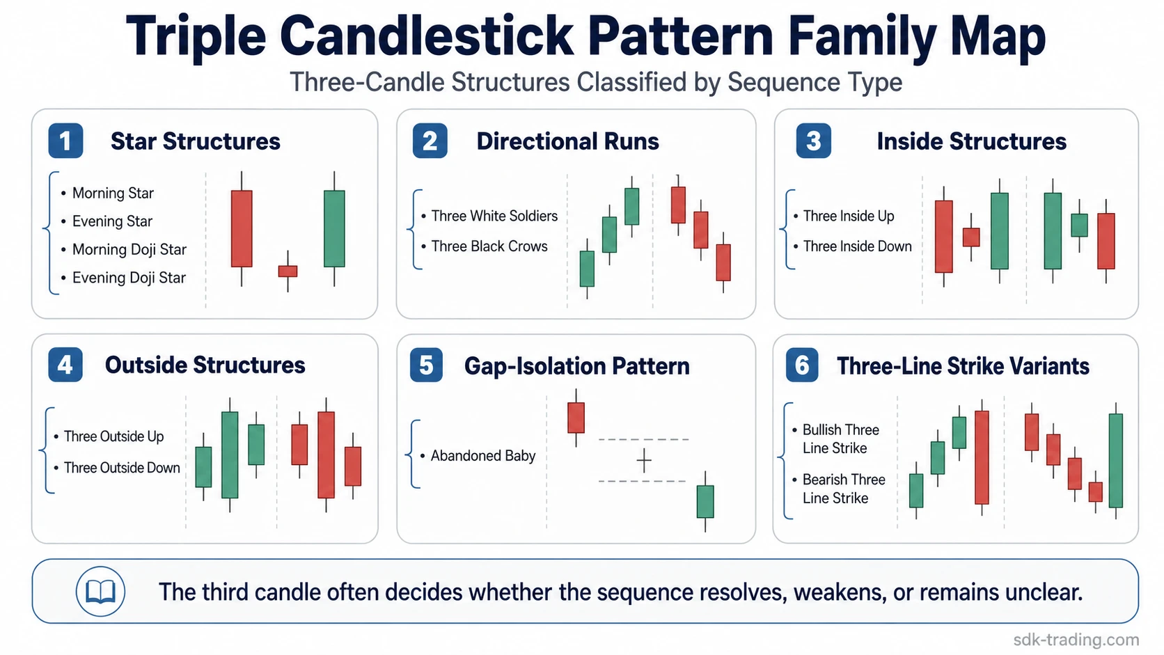 Triple candlestick pattern family map showing star structures, directional runs, inside structures, outside structures, abandoned baby, and three line strike variants