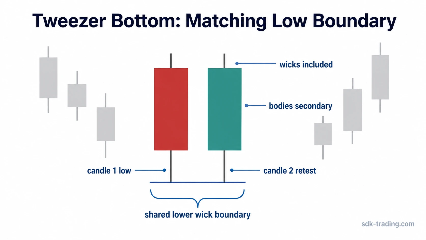Tweezer bottom candles with matching lower wick lows marked by a shared boundary