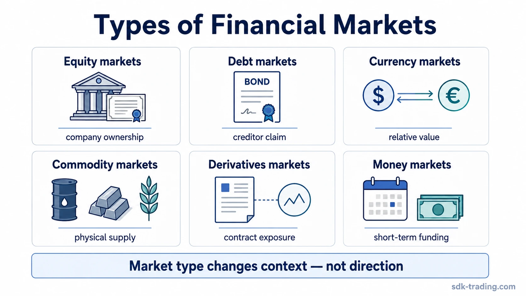 Infographic showing equity, debt, currency, commodity, derivatives, and money markets as different trading market categories