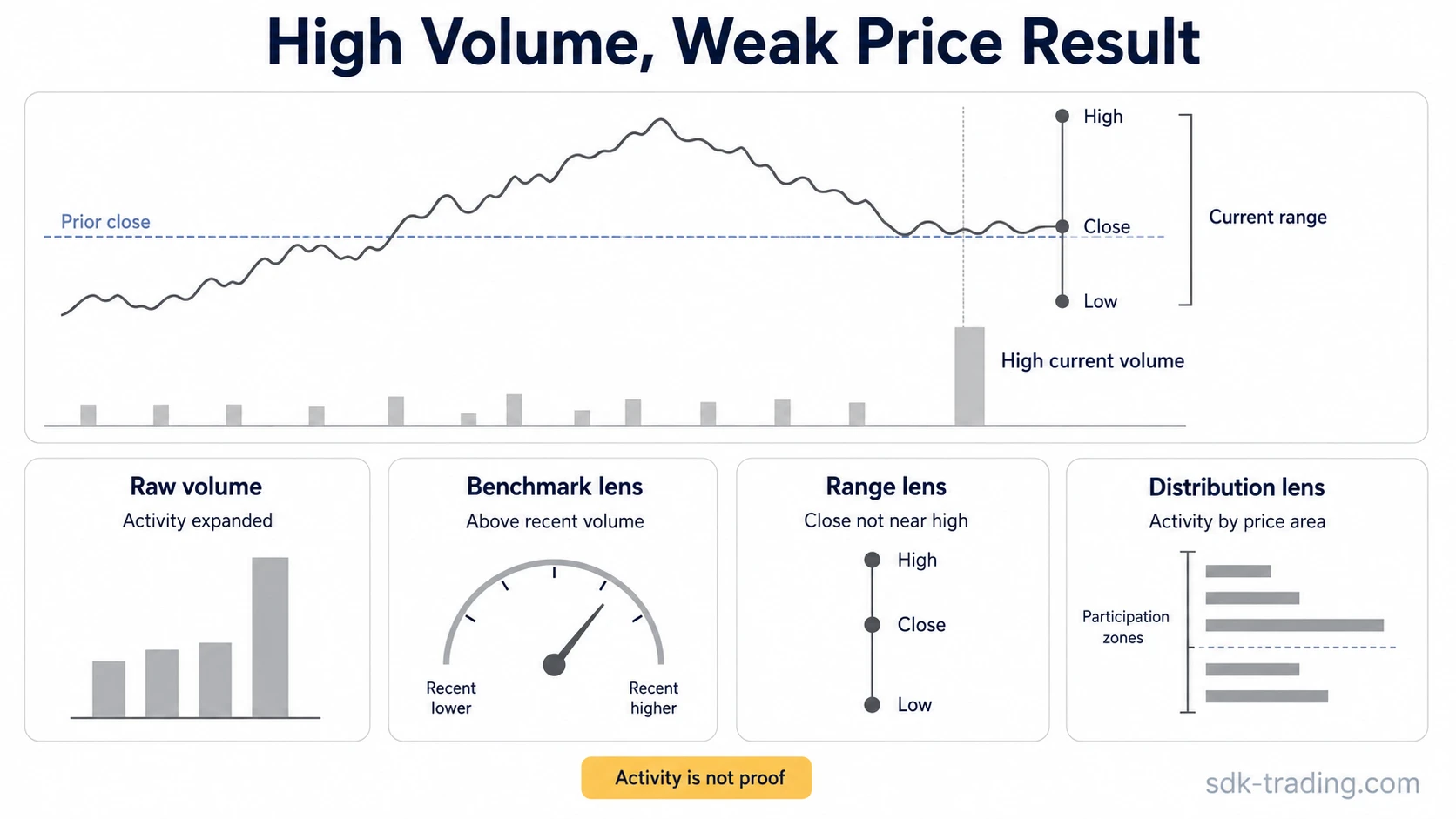 Volume indicators infographic showing high volume with a weak price result and different calculation lenses