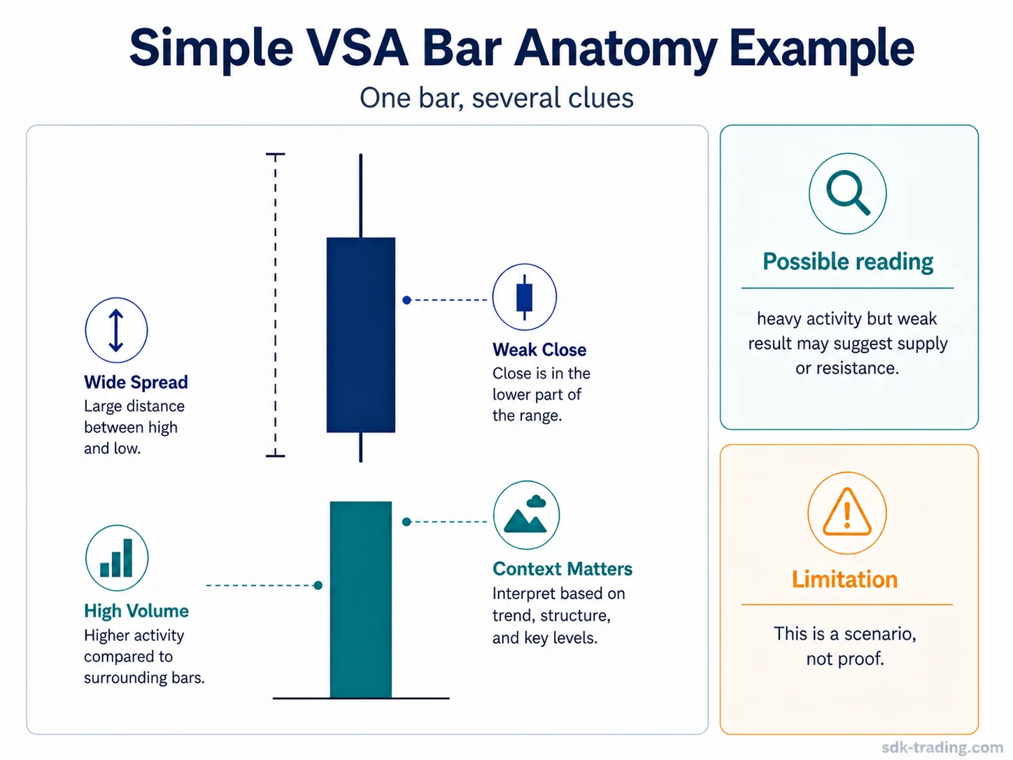 VSA bar anatomy example showing wide spread, high volume, weak close, and the need for background context