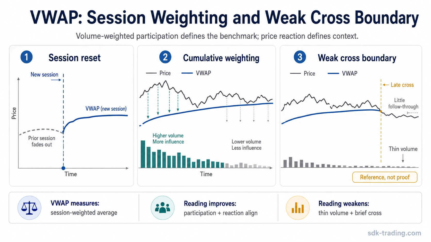 VWAP diagram showing session reset, cumulative volume weighting, and a weak late-session cross on thin volume