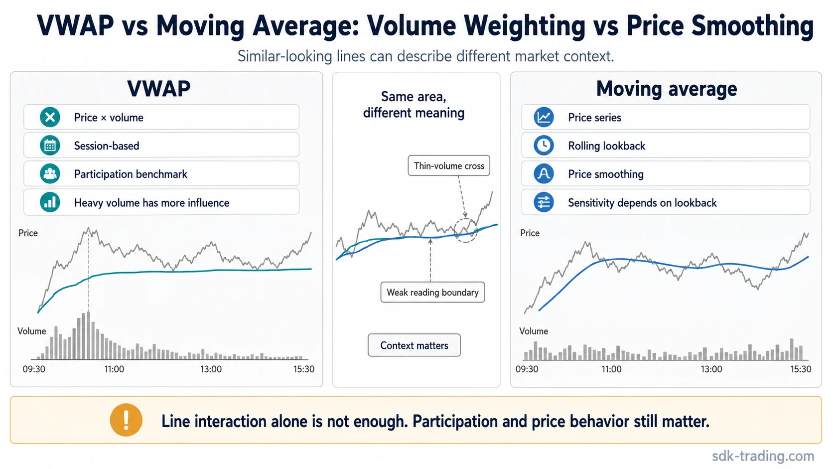 VWAP and moving average comparison showing volume-weighted session participation versus rolling price smoothing