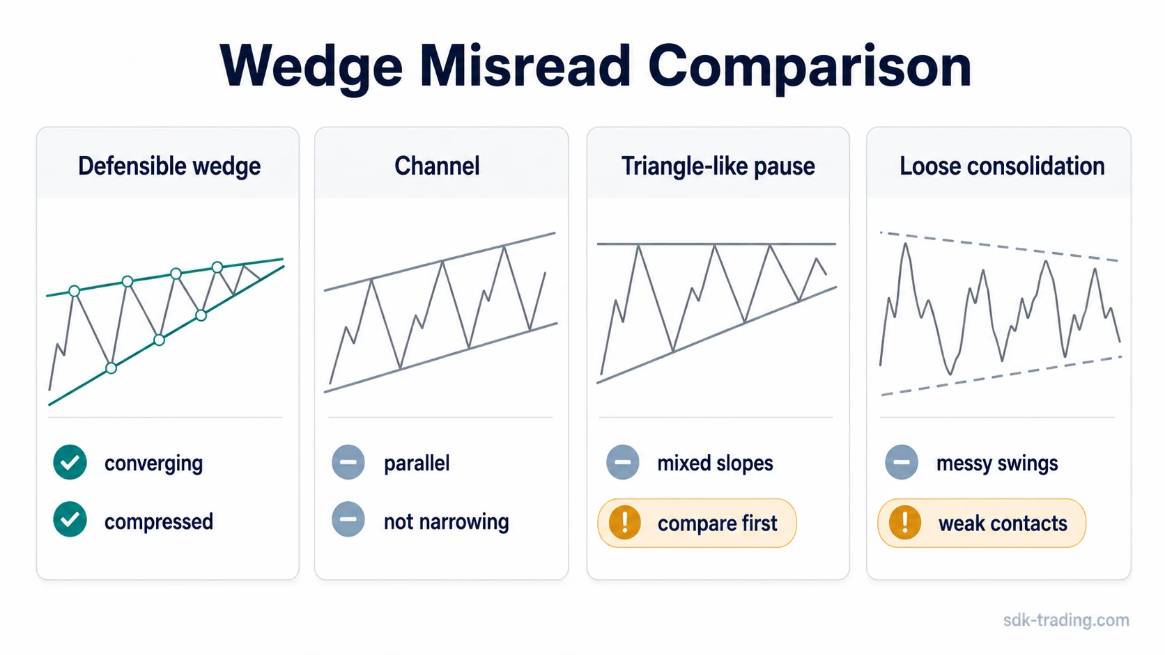 Four-panel chart pattern comparison of a defensible wedge, channel, triangle-like pause, and loose consolidation