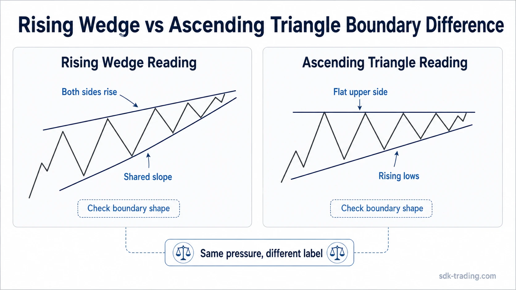 Comparison diagram showing a rising wedge with two rising boundaries beside an ascending triangle with a flat upper boundary and rising lows.