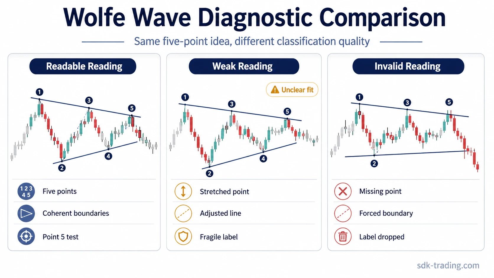 Three Wolfe Wave diagrams comparing readable, weak, and invalid structural readings