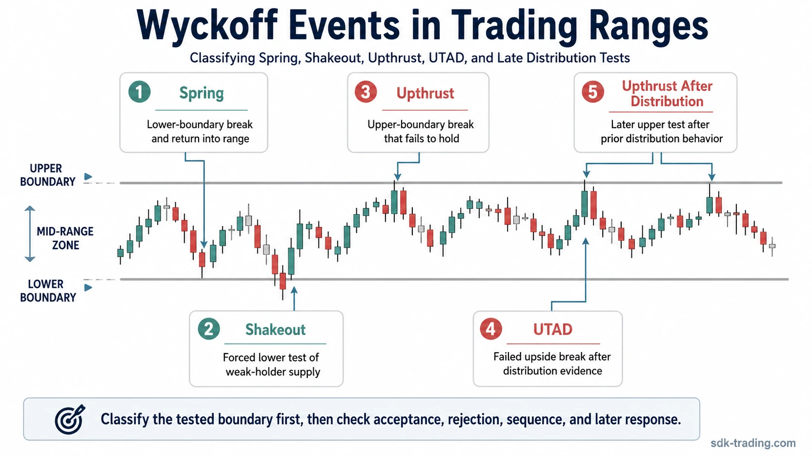 Wyckoff events in trading ranges map showing spring, shakeout, upthrust, UTAD, and upthrust after distribution readings by range position