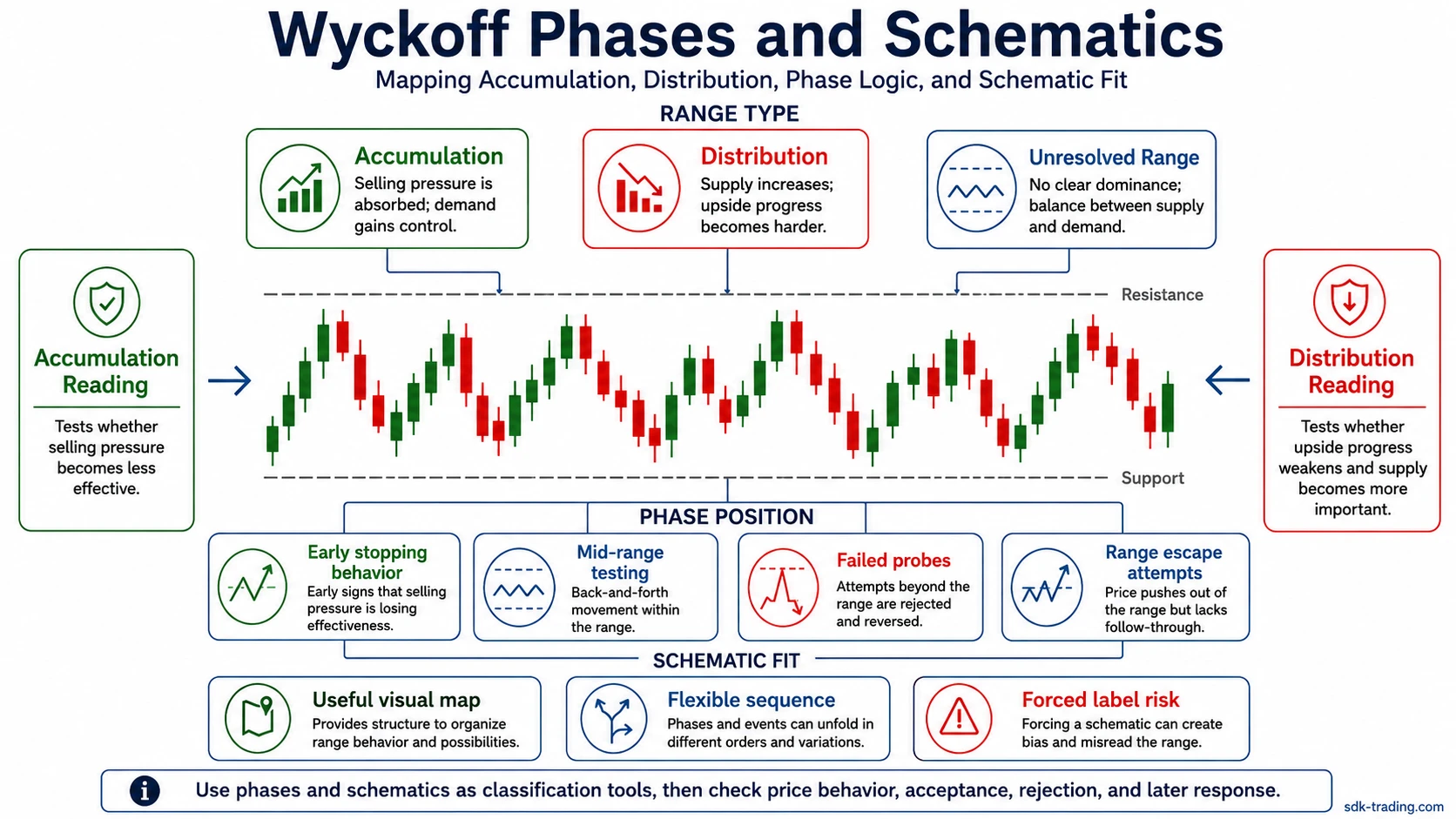 Wyckoff phases and schematics map showing accumulation, distribution, phase logic, and schematic fit inside trading ranges