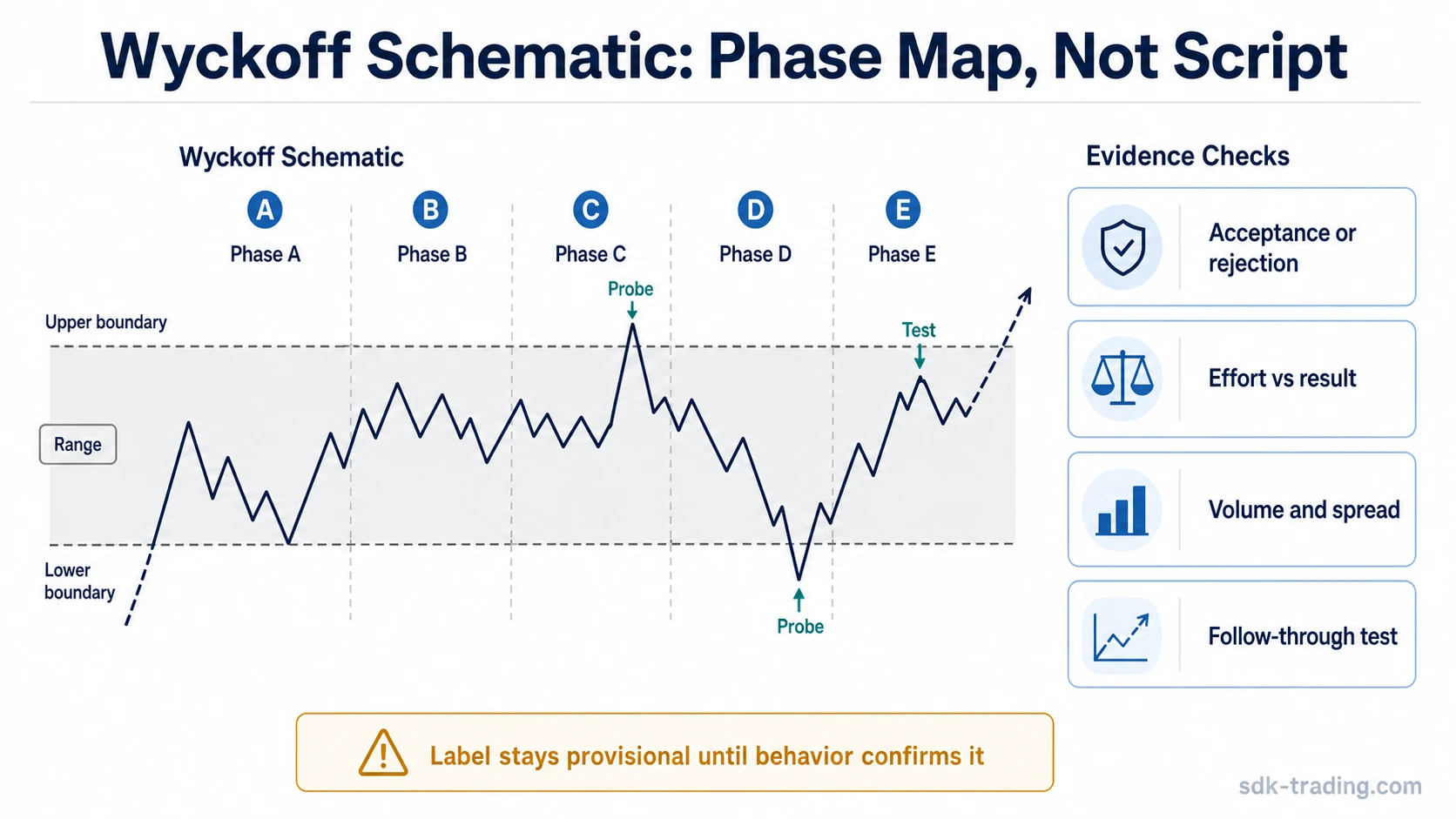 Wyckoff schematic range with phase markers, probes, and evidence checks for acceptance, rejection, effort, result, and follow-through