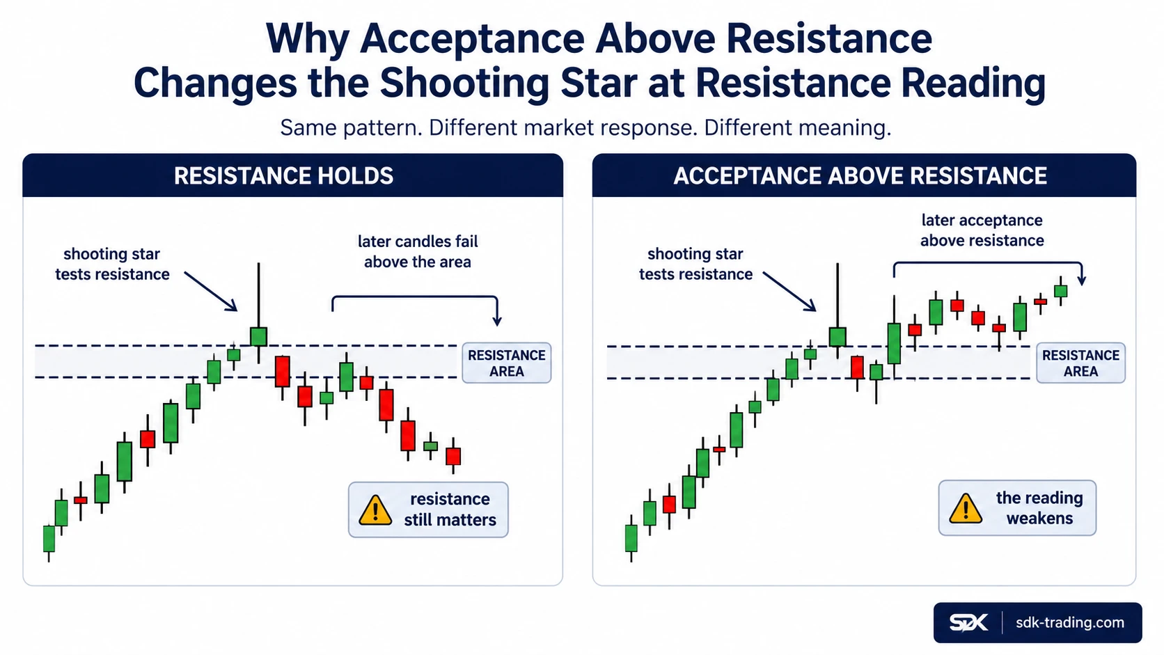 Comparison showing resistance holding after a Shooting Star versus later acceptance above resistance that weakens the reading.