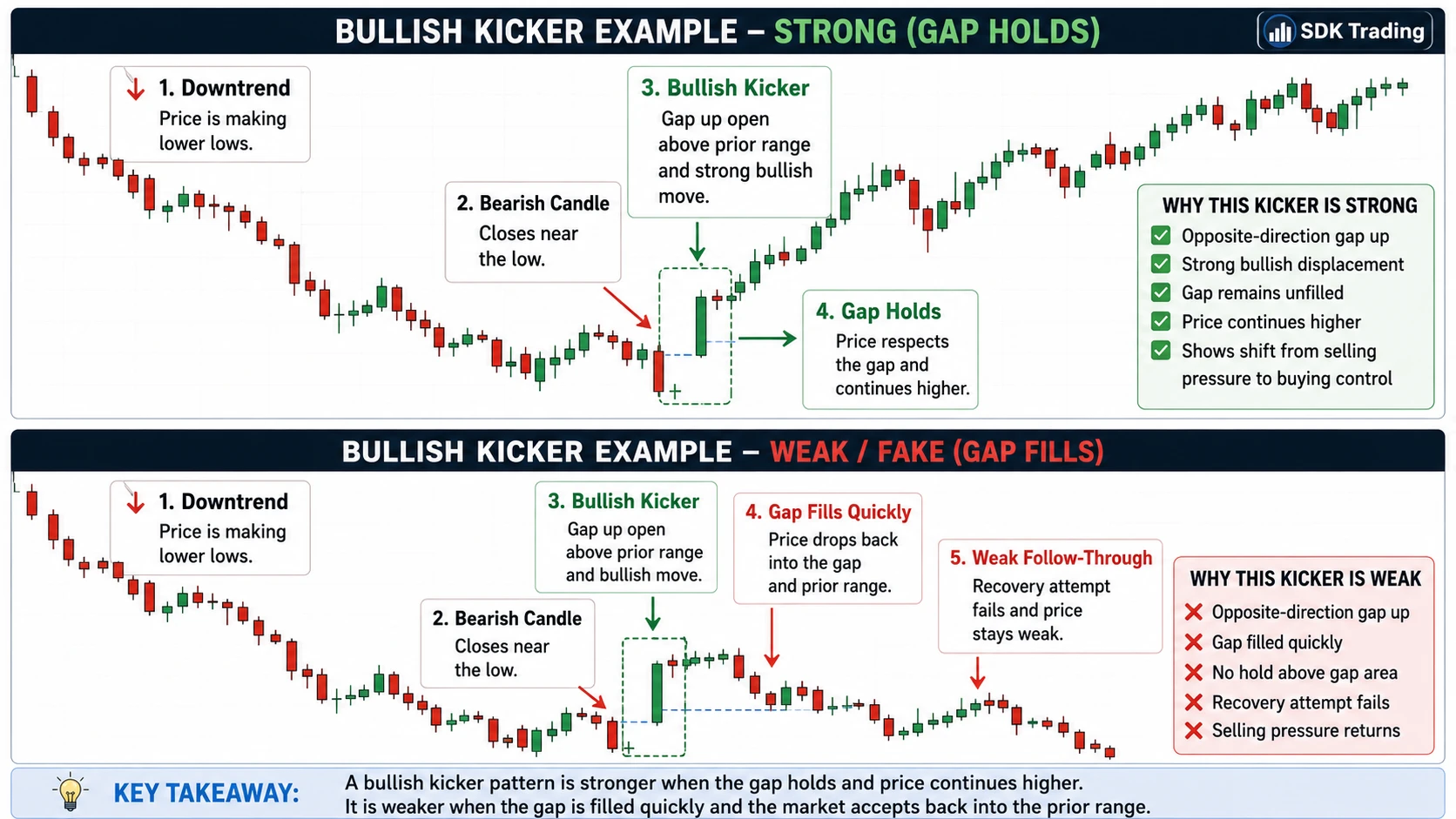 Bullish kicker candlestick pattern example comparing a stronger gap-hold response with a weaker gap-fill response