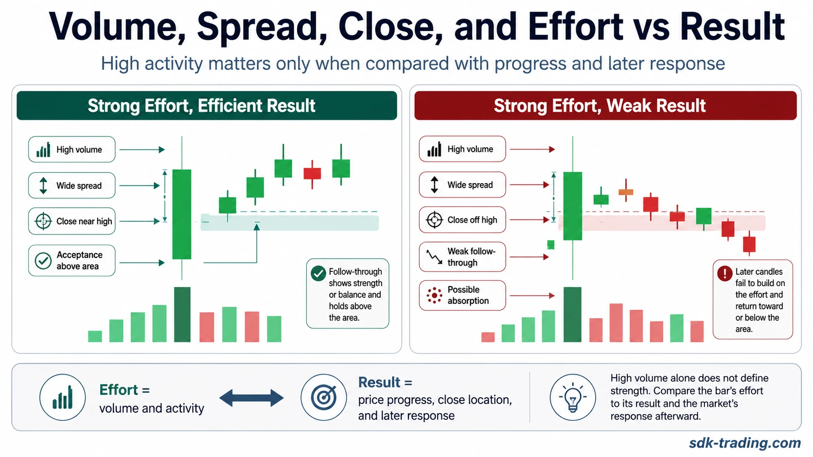Buying climax volume spread close and effort versus result comparison showing efficient result and weak result