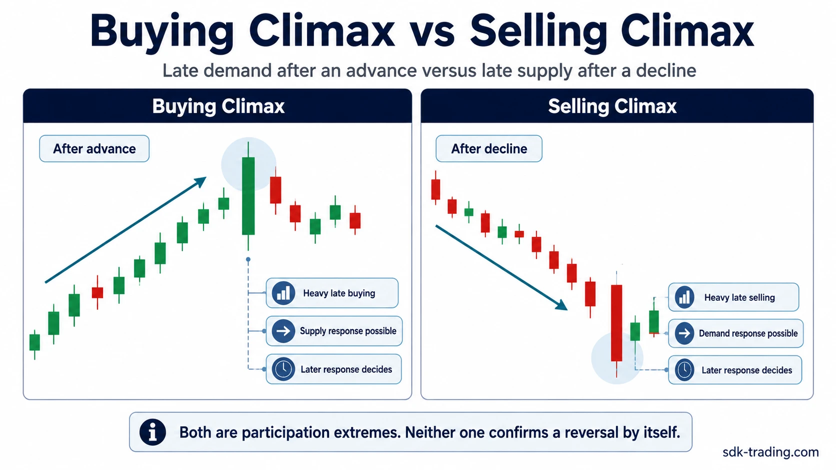 Buying climax versus selling climax showing late demand after an advance and late supply after a decline
