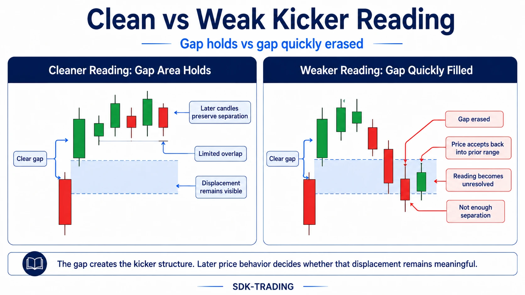 Clean and weak kicker candlestick readings compared by whether the gap area holds or is quickly filled