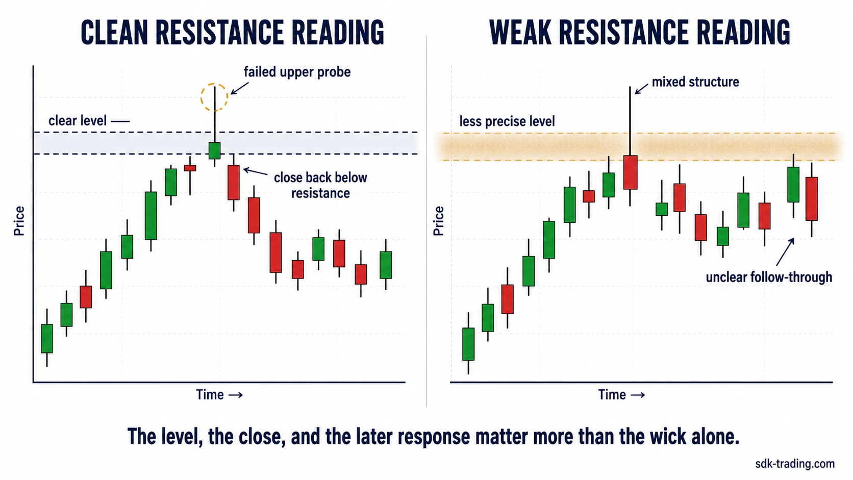 Clean versus weak Shooting Star at resistance readings showing clear level, failed upper probe, close below resistance, less precise level, mixed structure, and unclear follow-through.