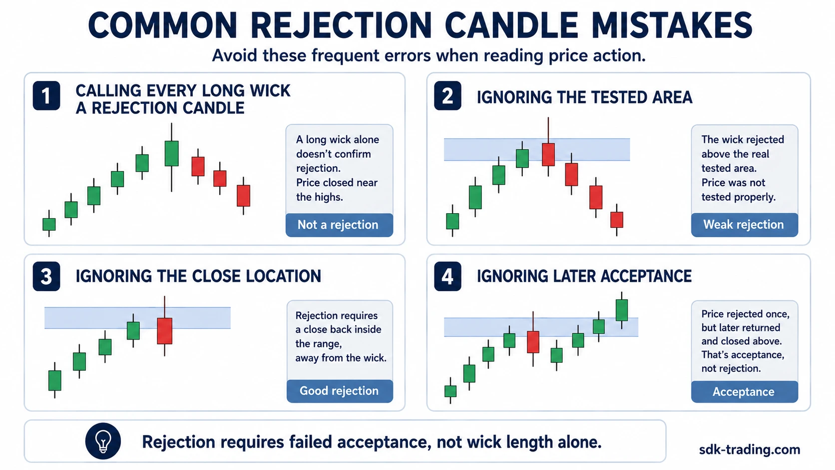 Common rejection candle mistakes including calling every long wick rejection, ignoring the tested area, close location, and later acceptance.