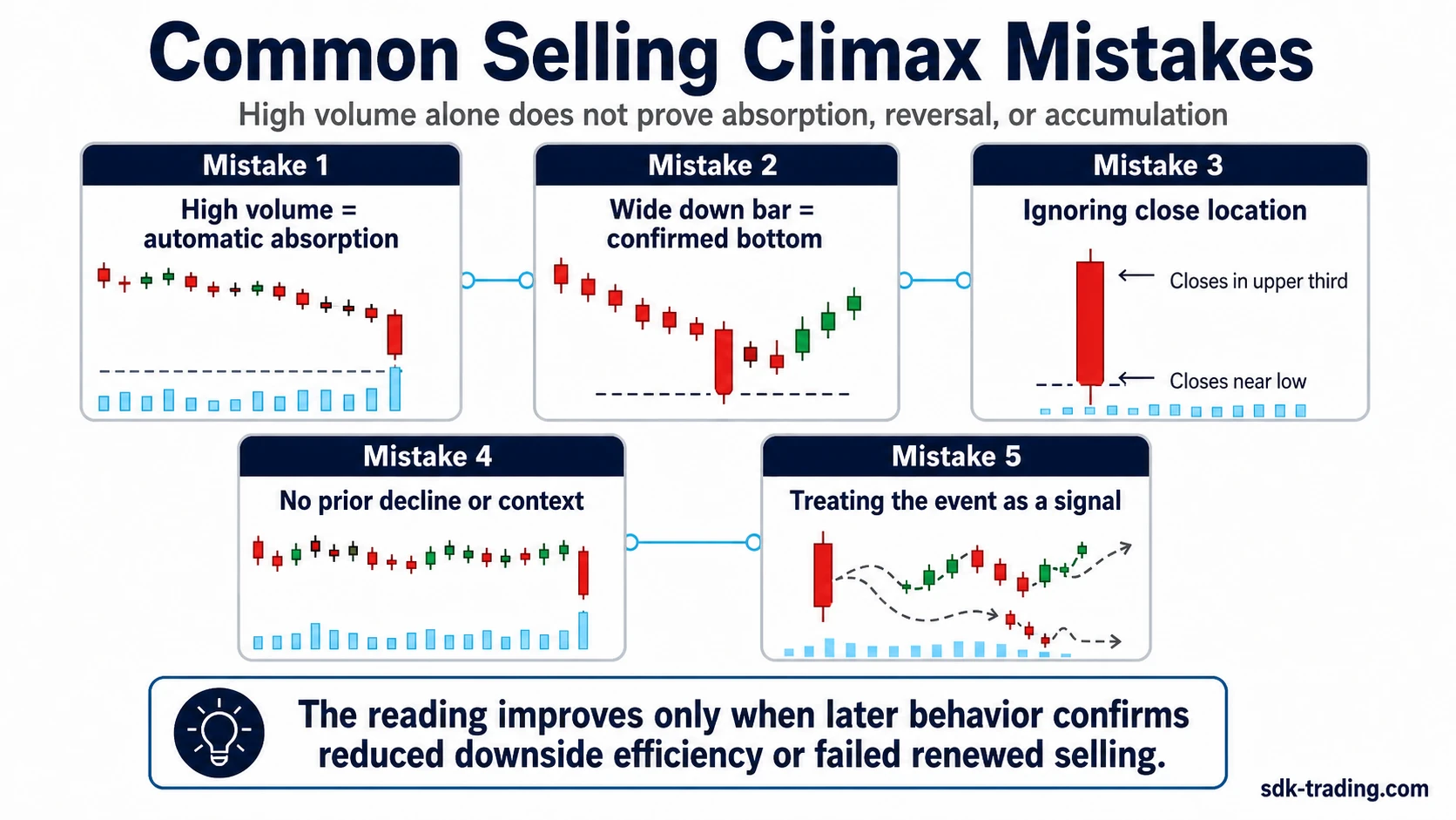 Common selling climax mistakes including high volume alone, wide down bar alone, and ignoring later confirmation