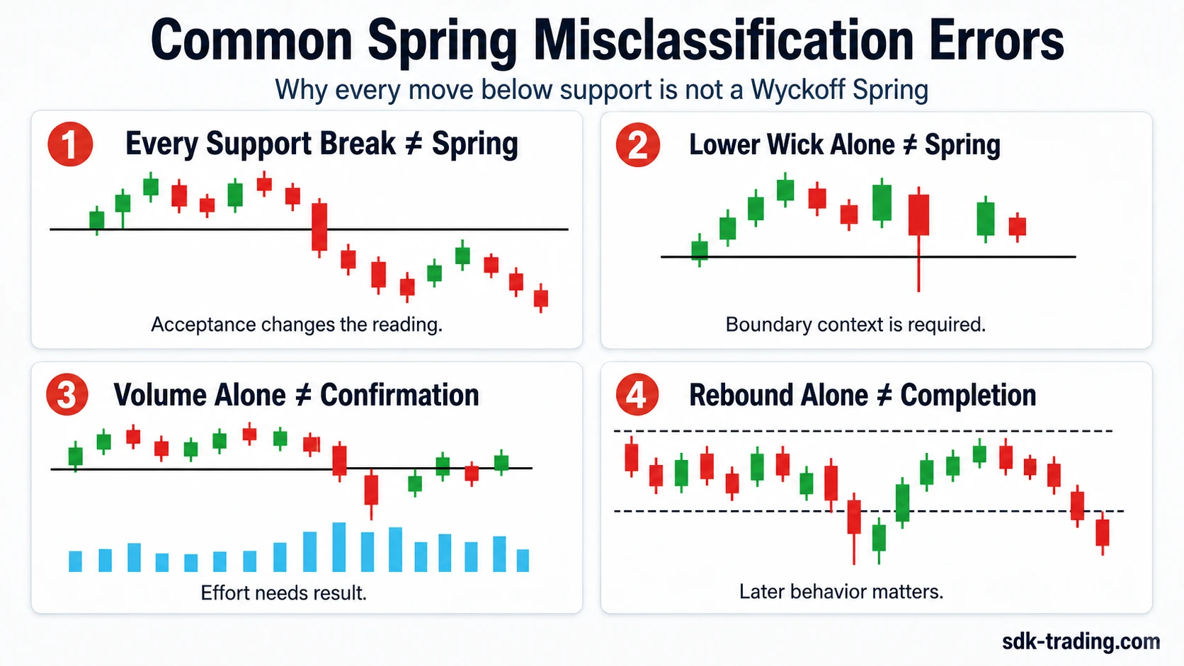 Common Wyckoff spring misclassification errors showing support break, lower wick, volume alone, and rebound alone