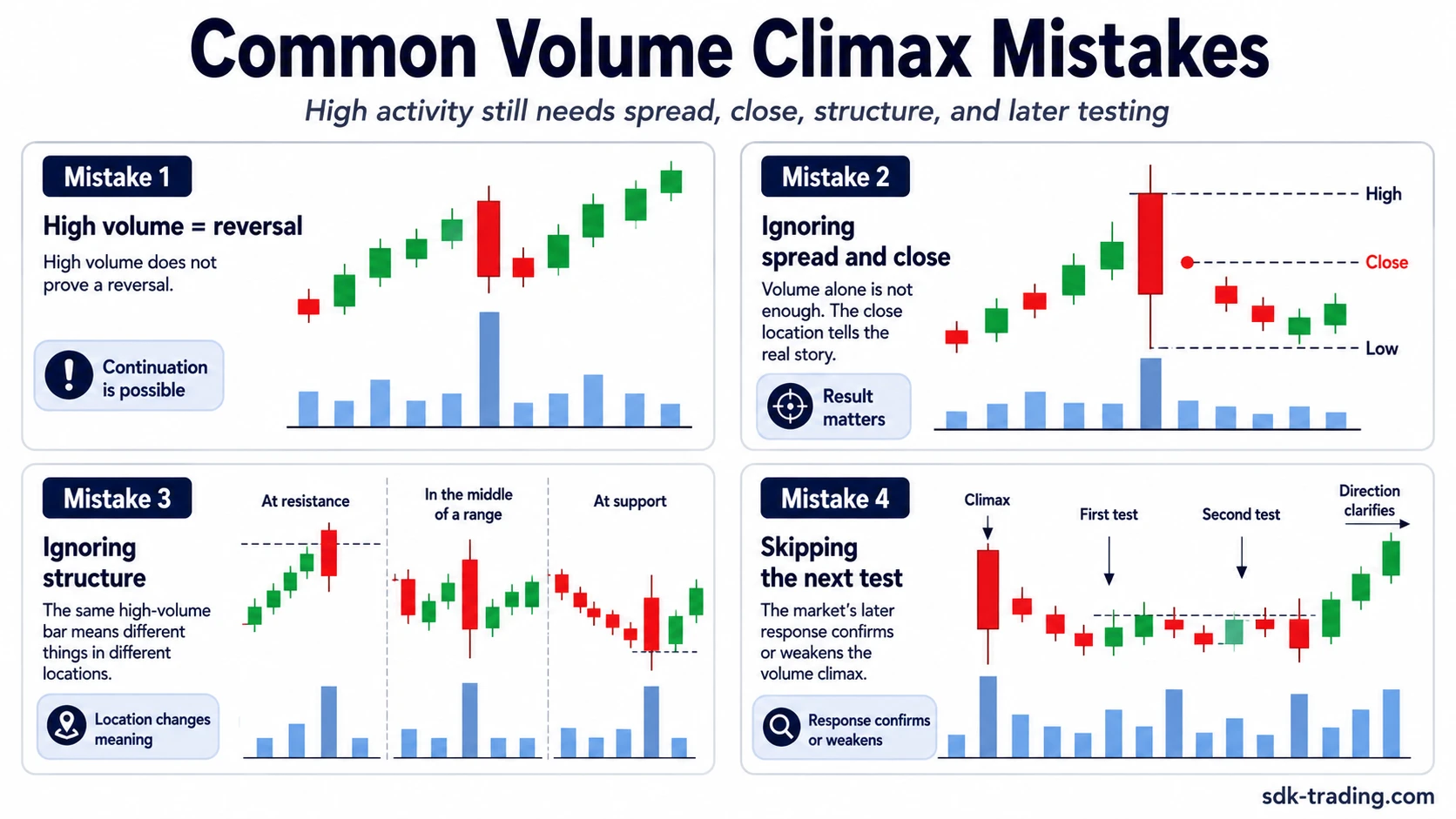 Common volume climax mistakes including high volume as reversal proof ignoring spread and skipping the next test