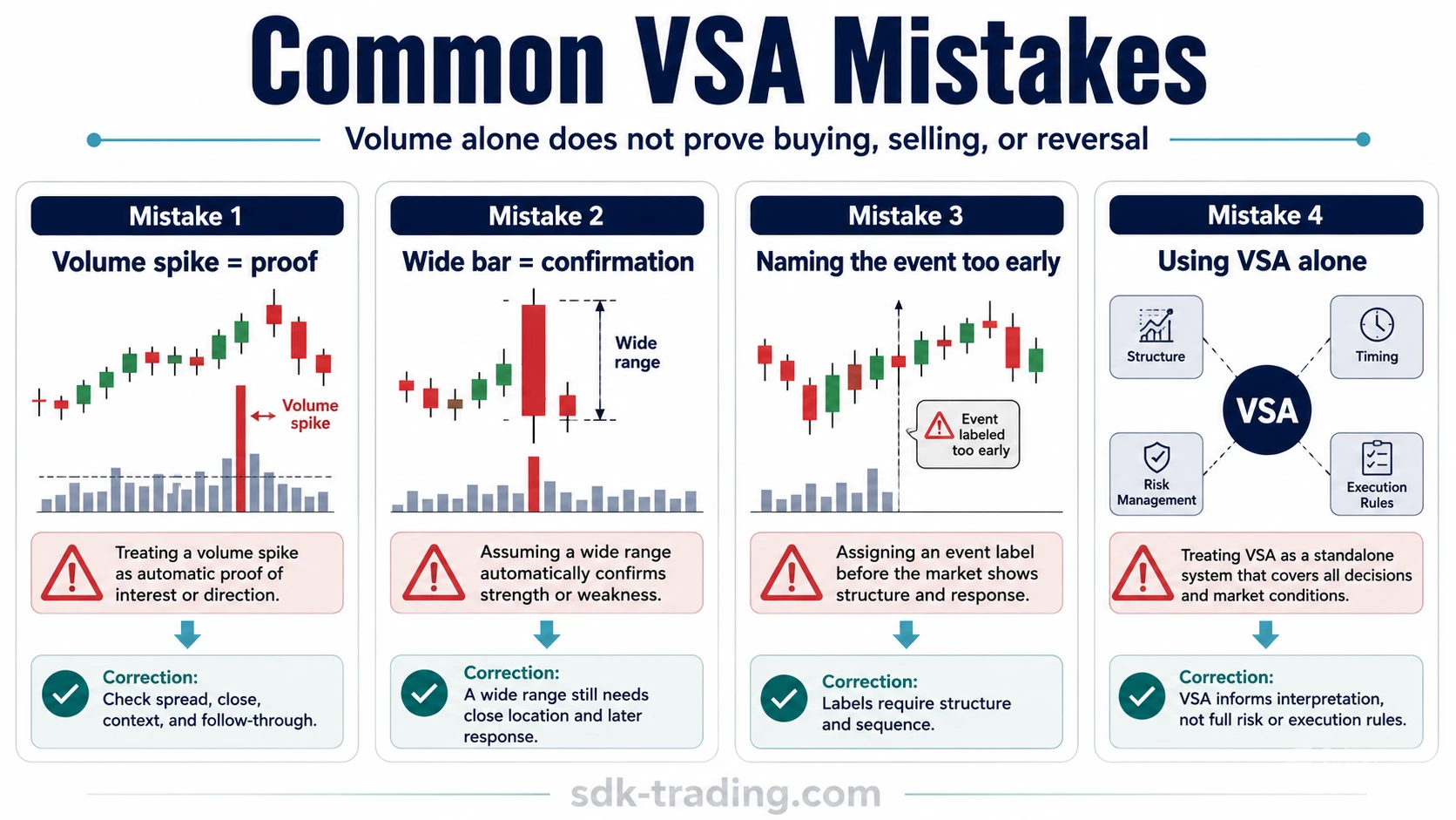 Common VSA mistakes showing volume spike proof, wide bar confirmation, early event labels, and standalone system misuse