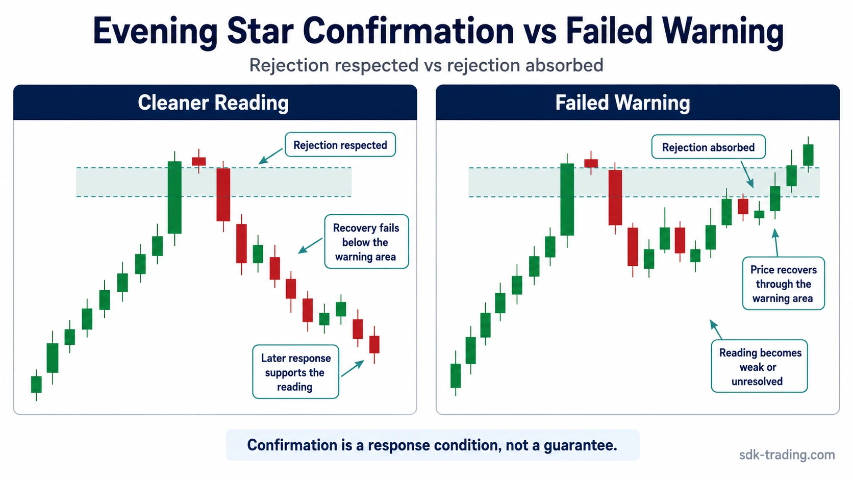 Evening star confirmation compared with a failed warning after later price response