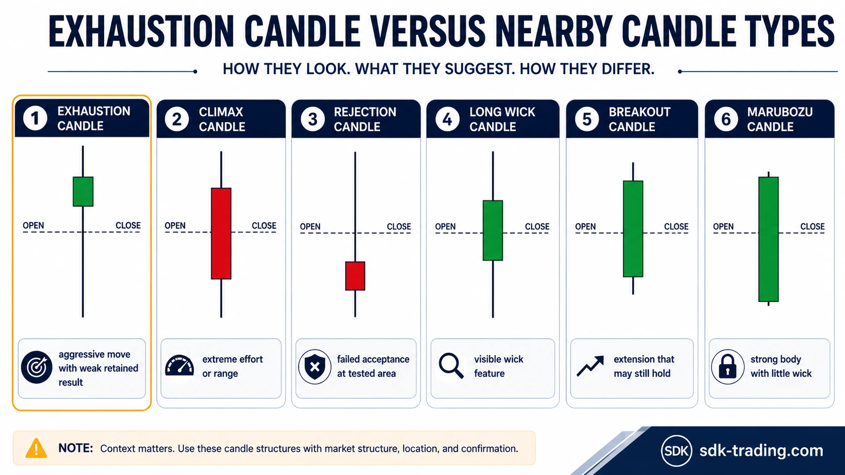 Exhaustion candle compared with climax candle, rejection candle, long wick candle, breakout candle, and marubozu.