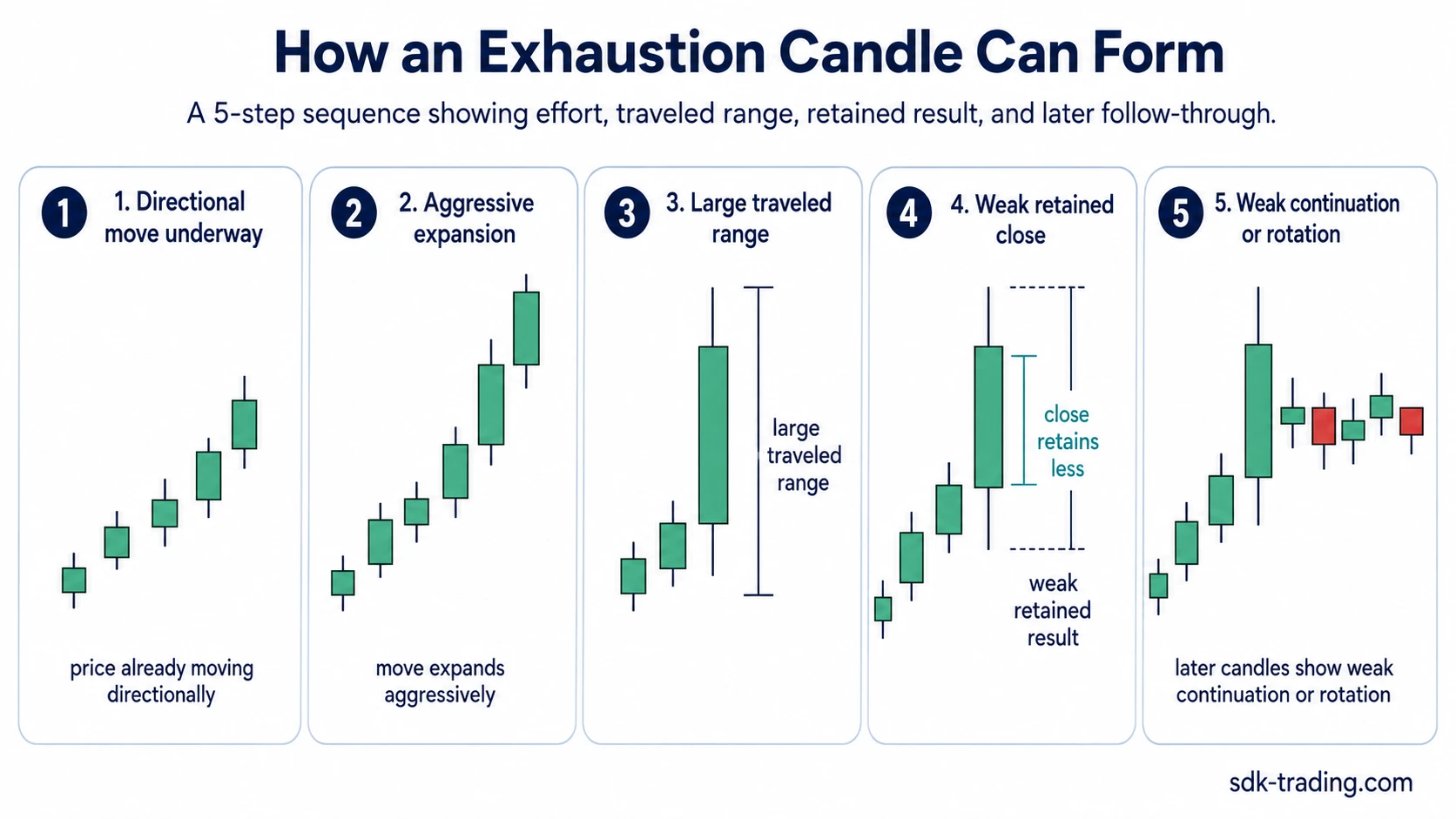 Five-step sequence showing how an exhaustion candle can form after directional movement, aggressive expansion, weak retained close, and later weak continuation.