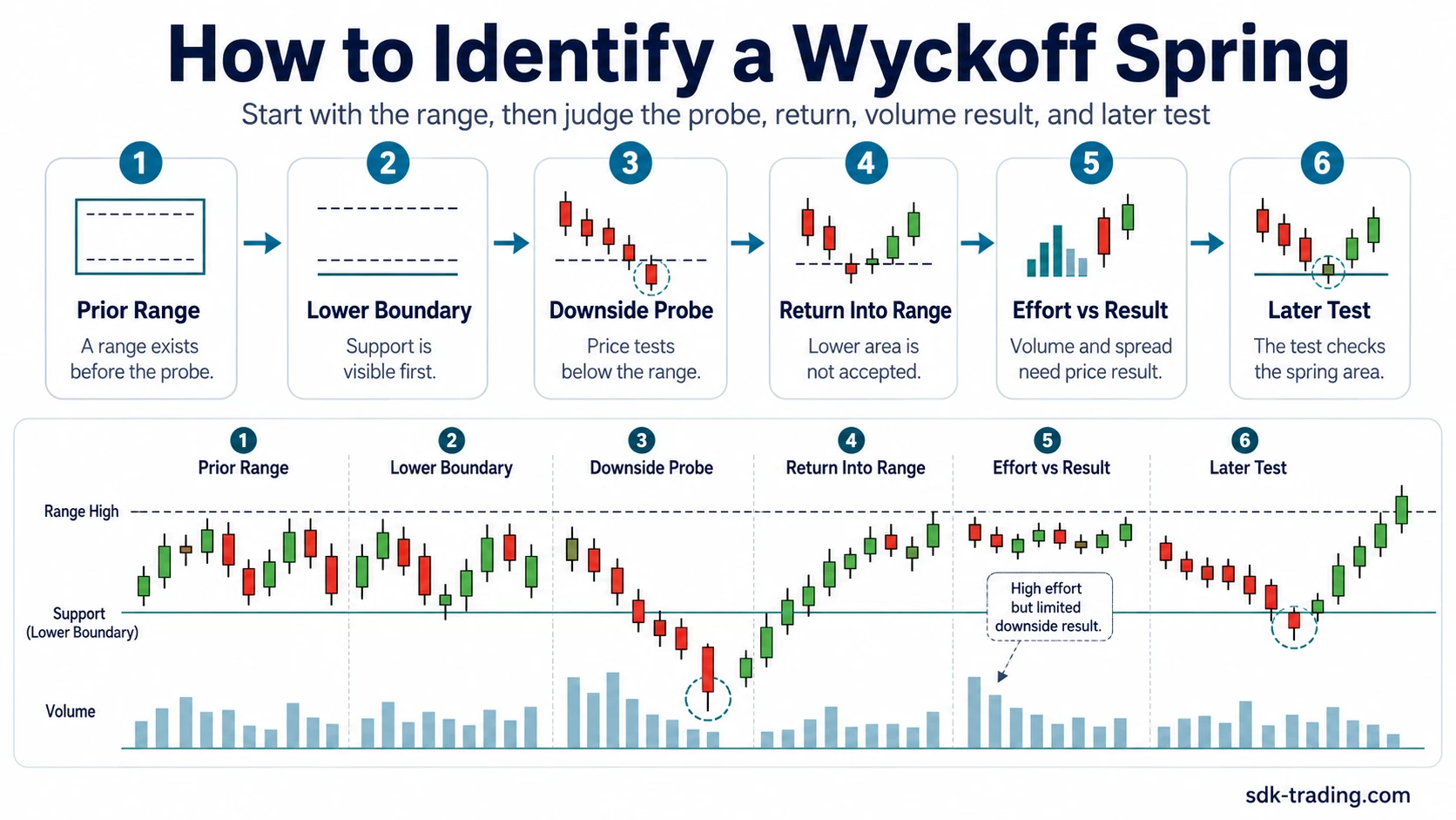 Six step roadmap for identifying a Wyckoff spring from prior range to later spring test